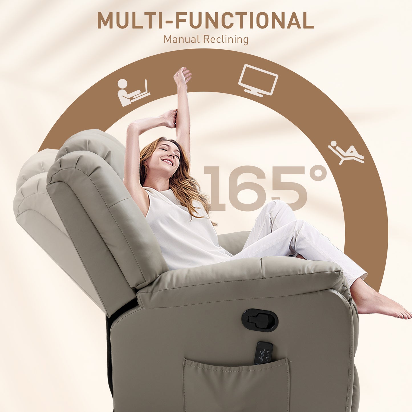 HOMCOM 8-Point Vibration Massage Recliner Chair for Living Room, PU Leather 360° Swivel Manual Reclining Sofa Rocking Chair with Remote Control, Side Pockets, Grey