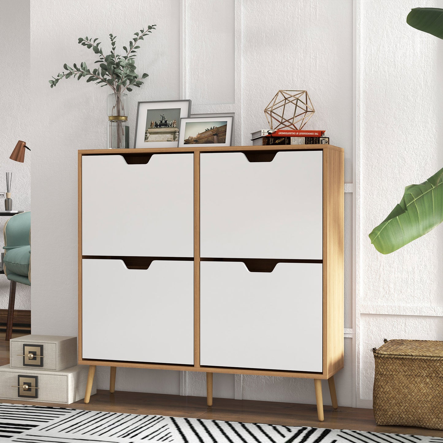 HOMCOM Shoe Storage Cabinet with 4 Flip Drawers and Adjustable Shelf, Shoe Cabinet for 8-16 Pairs of Shoes, Natural