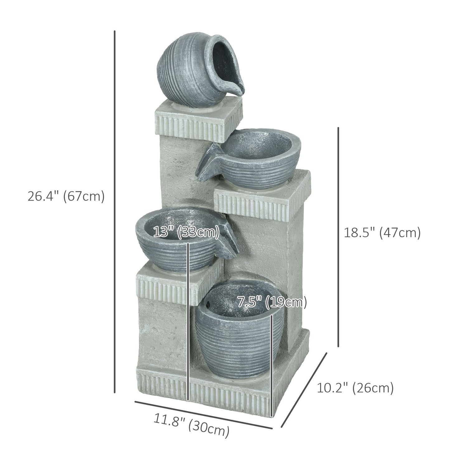 Outsunny 4-Tiered Outdoor Jar and Bowls Water Fountain with LED Lights, Adjustable Flow, 26.4-inch Resin Waterfall Fountain