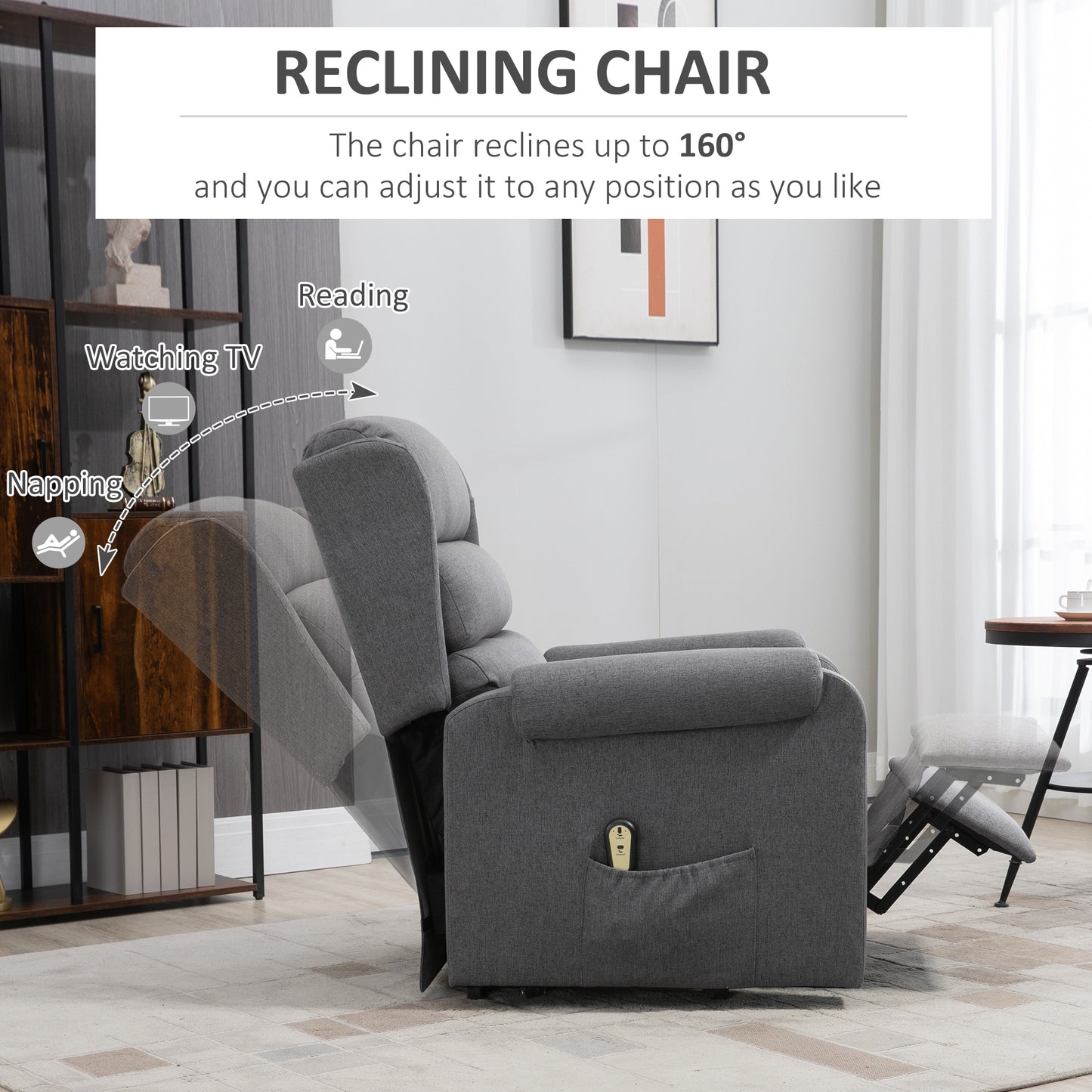 HOMCOM Lift Chair for Elderly, Power Chair Recliner with Footrest, Remote Control, Side Pockets for Living Room, Grey