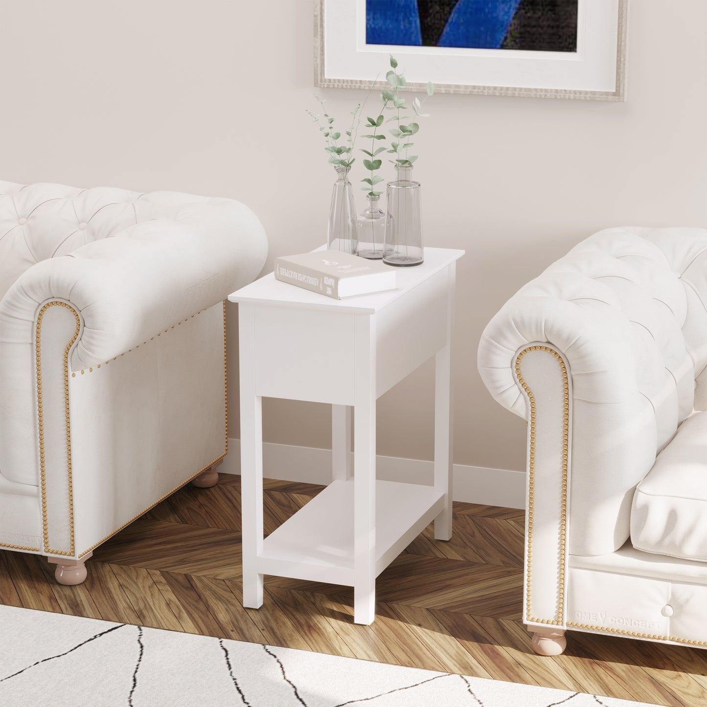 HOMCOM Flip Top End Table, Side Table with Storage Shelf and Cable Management, Narrow Nightstand for Living Room, Bedroom, White
