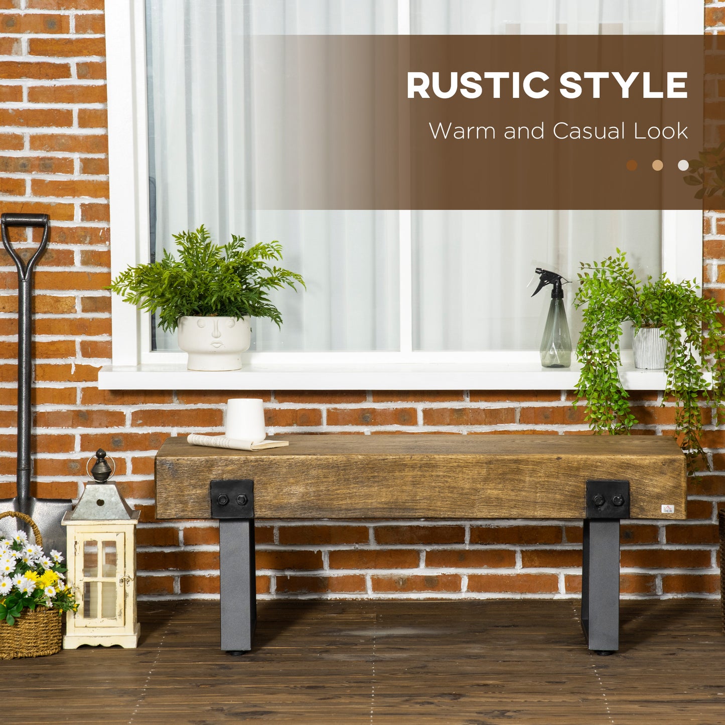 HOMCOM Outdoor Bench, Garden Bench with Metal Legs, Rustic Wood Effect Concrete, Indoor or Outdoor Use for Patio, Park, Porch and Lawn, Natural and Black