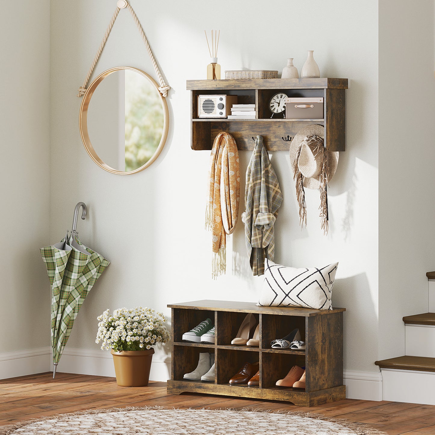 HOMCOM Coat Rack Shoe Bench Set, Entryway Shoe Bench with 8 Storage Cubbies, 4 Hooks for Hallway, Living Room, Rustic Brown