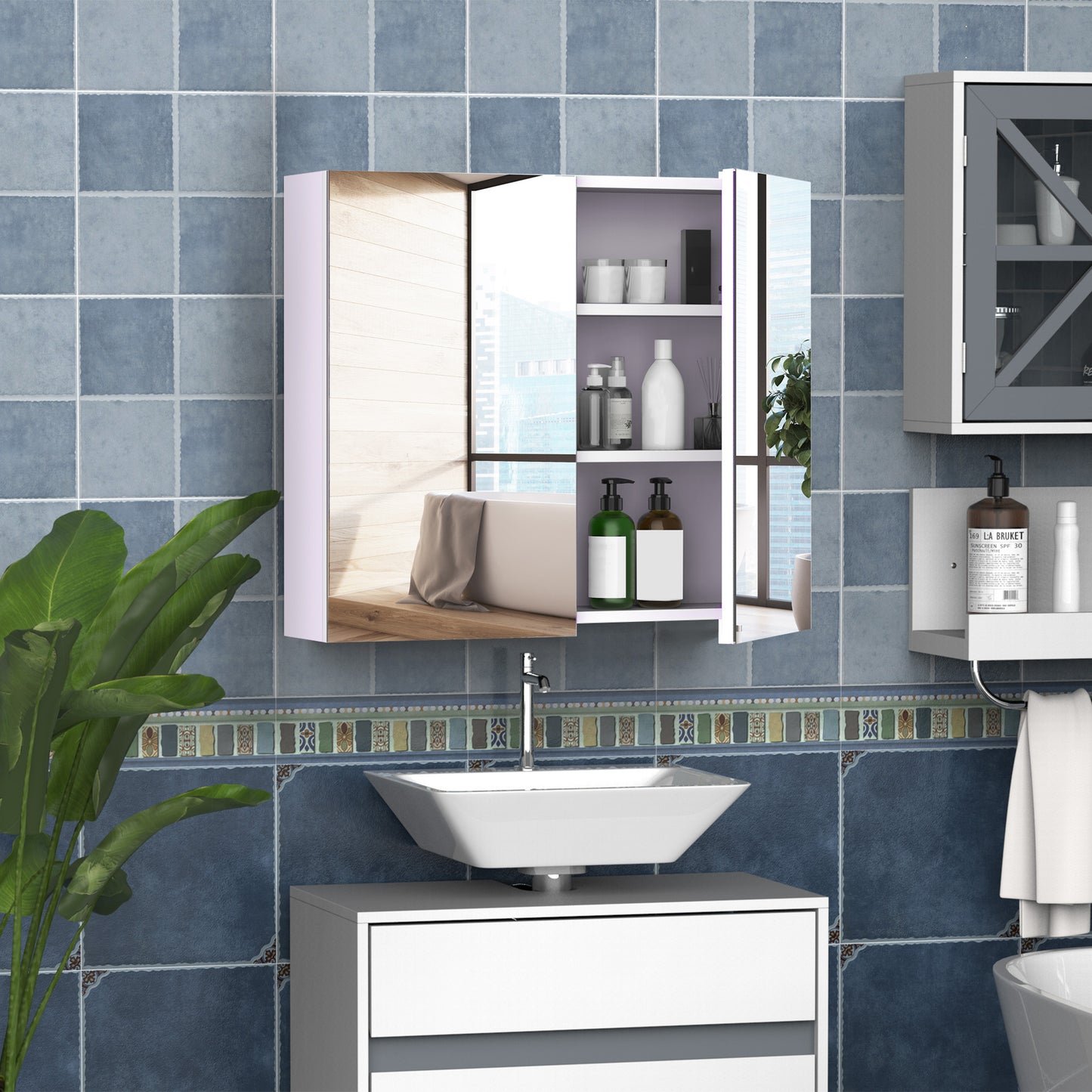 HOMCOM Wall Mount Mirrored Medicine Cabinet, Bathroom Mirror Cabinet with Adjustable Shelf, Double Soft Closing Doors, Light Lilac