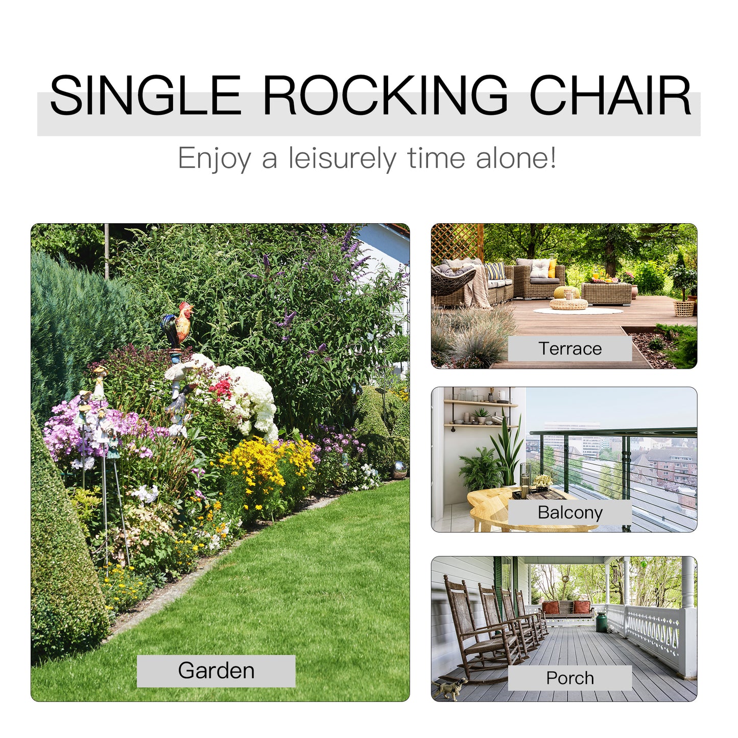Outsunny Wooden Porch Rocking Chair Outdoor Patio Rocker Garden Single Leisure Reclining Seat Armchair Black