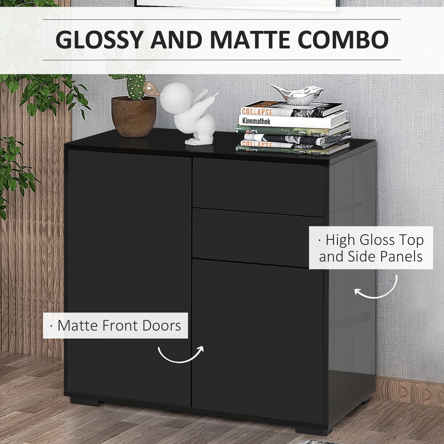 HOMCOM High Gloss Buffet Sideboard with 2 Drawers, 2 Doors and Adjustable Shelf, Kitchen Storage Cabinet with Push Open Design, White