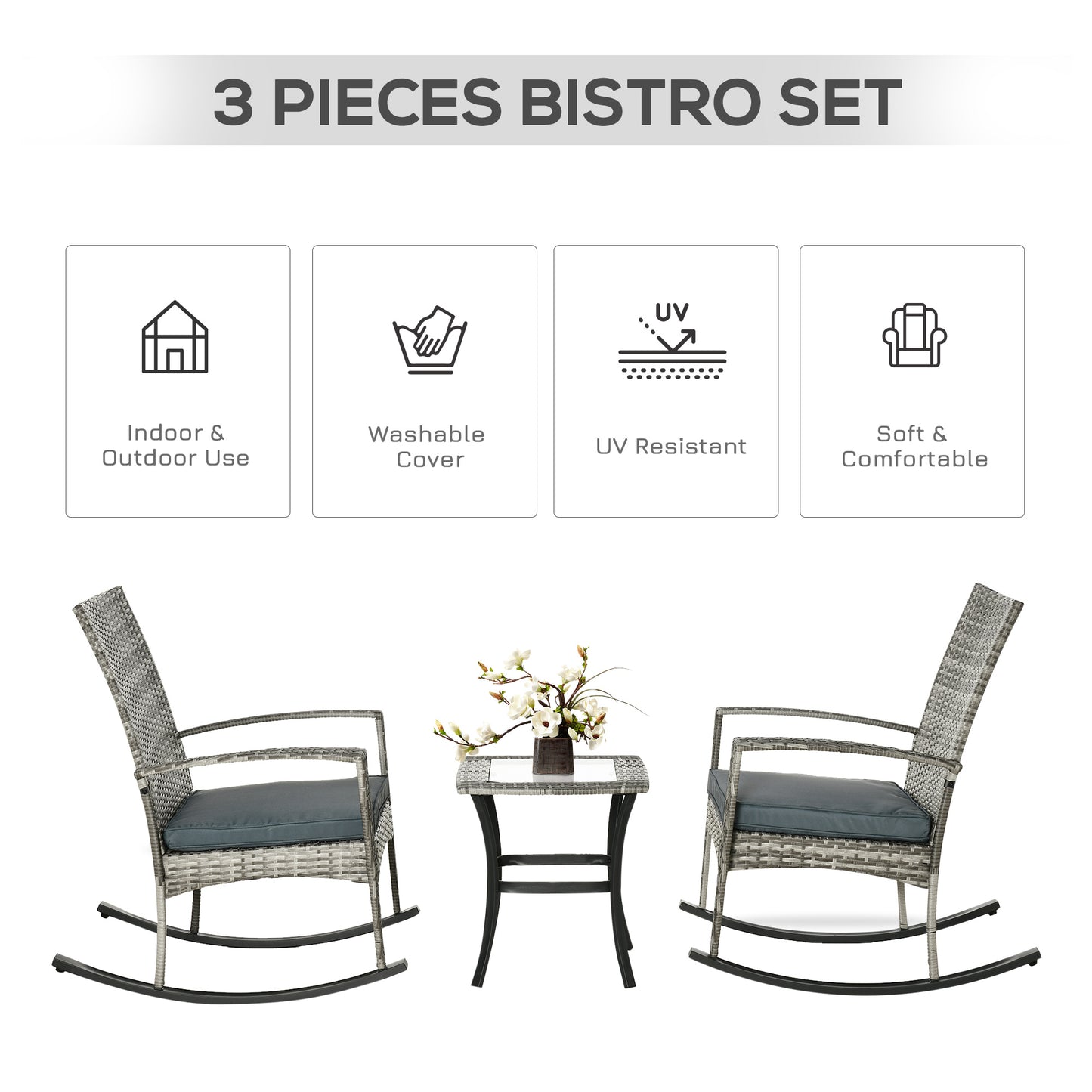 Outsunny 3 Pieces Patio Wicker Rocking Chair Set, Outdoor PE Rattan Bistro Set Conversation Rocker Set with 2 Chairs 1 Coffee Table for Backyard, Deck, Poolside, Dark Grey