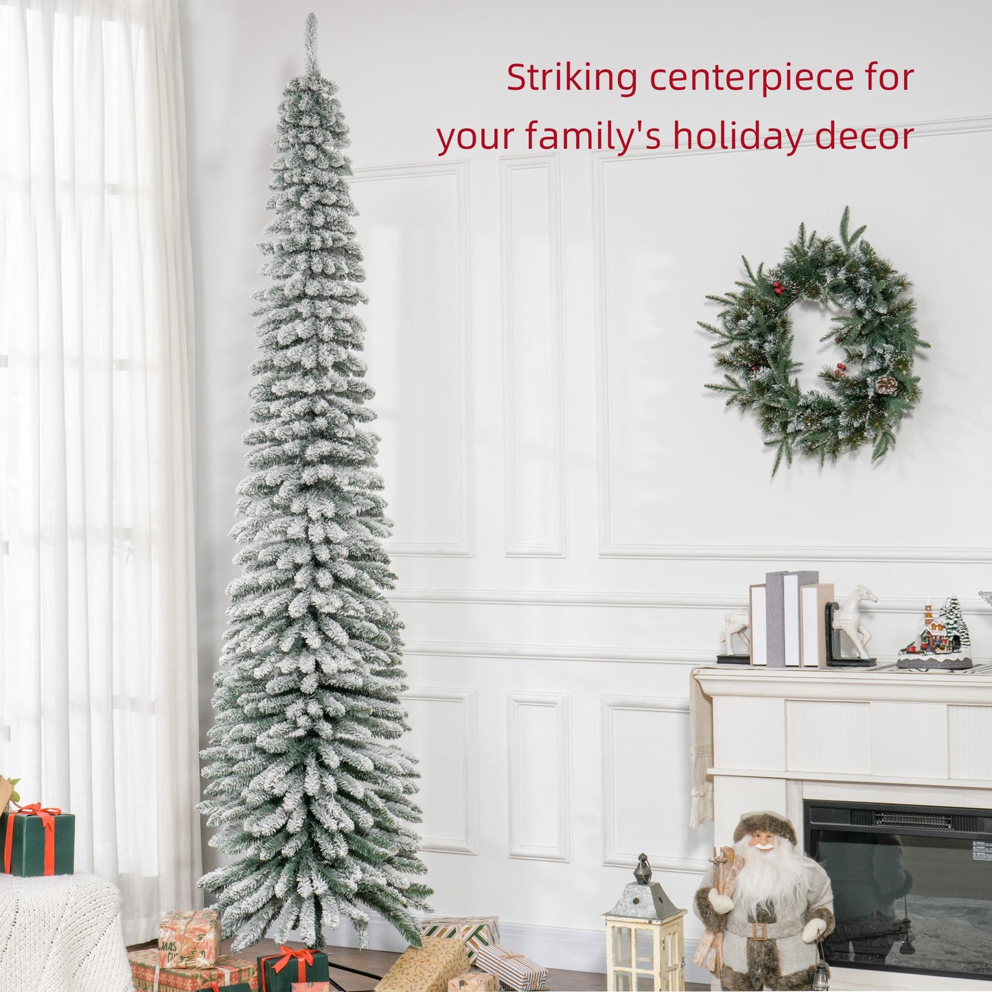 HOMCOM 6 Ft Snow-Flocked Artificial Christmas Tree, Slim Pencil Xmas Tree with Realistic Branches, Metal Base, Green