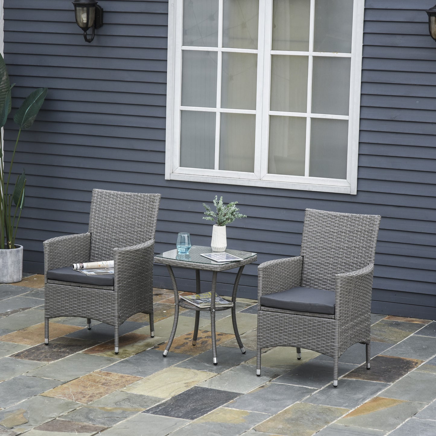 Outsunny 3 Pieces Wicker Patio Furniture Set, Rattan Bistro Set with Glass Top Coffee Table and Cushions, Outdoor Conversation Set for Garden, Porch, Balcony, Grey