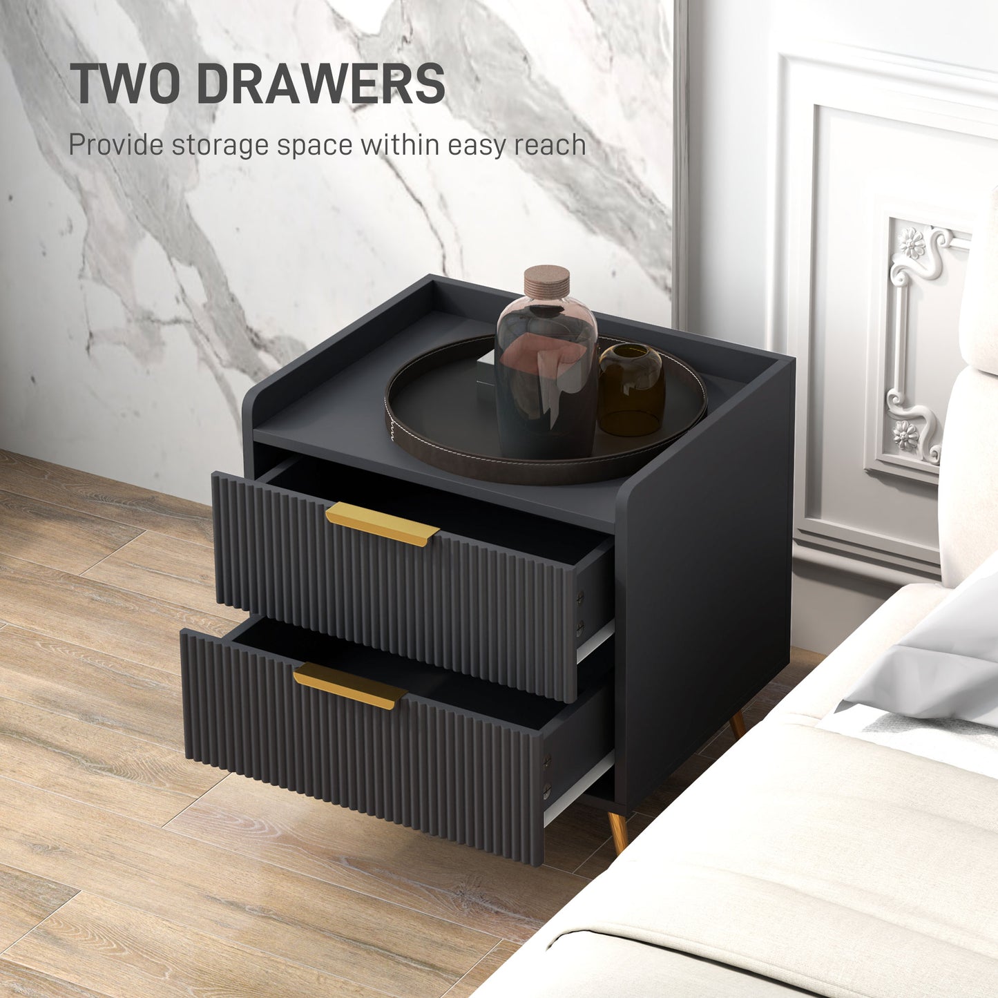 HOMCOM Bedside Table, Nightstand with 2 Drawers, Side End Table with Metal Legs for Bedroom, Black