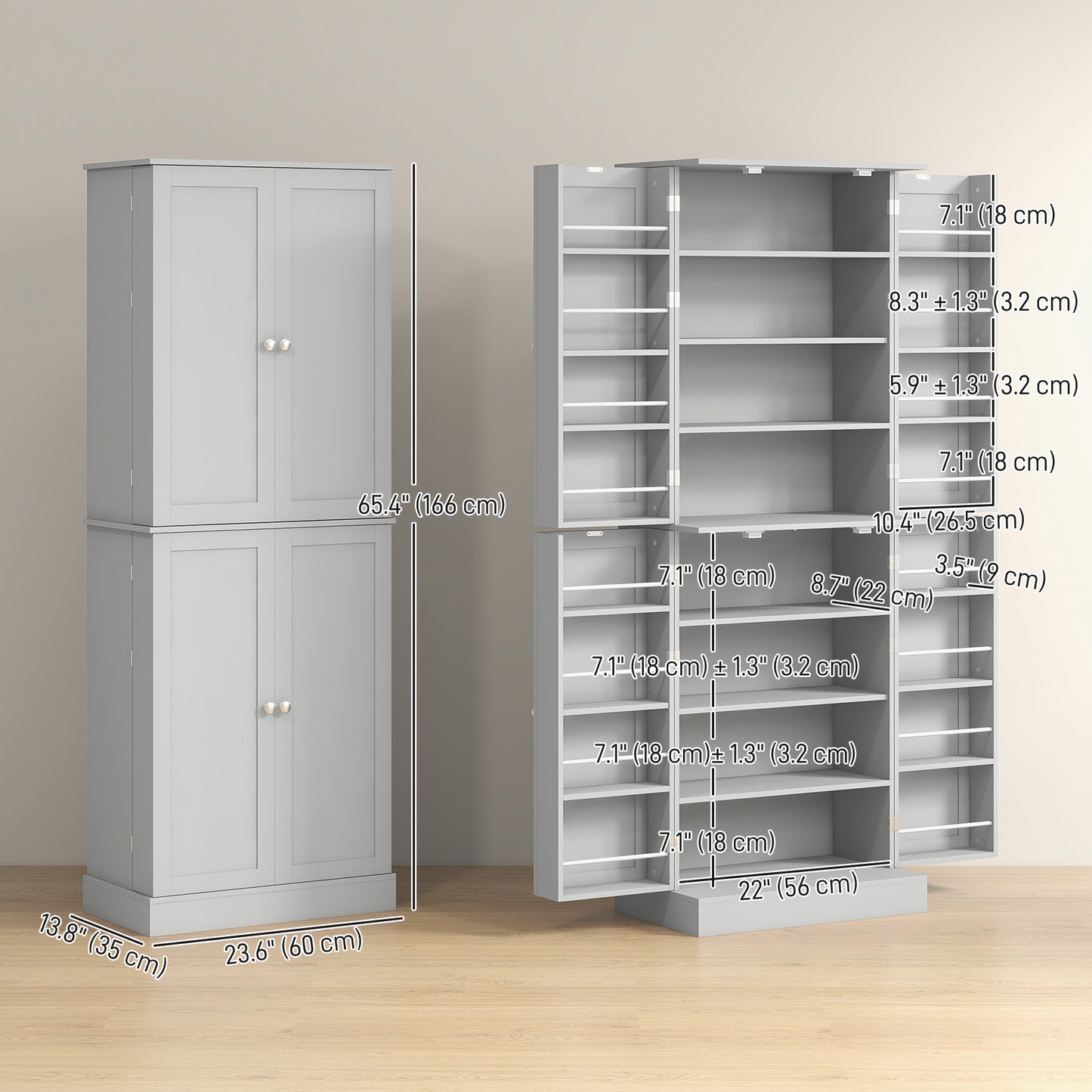 HOMCOM 65" Kitchen Cabinet, Kitchen Pantry Cabinet with 4 Doors and 16 Door Shelves for Dining Room, Grey
