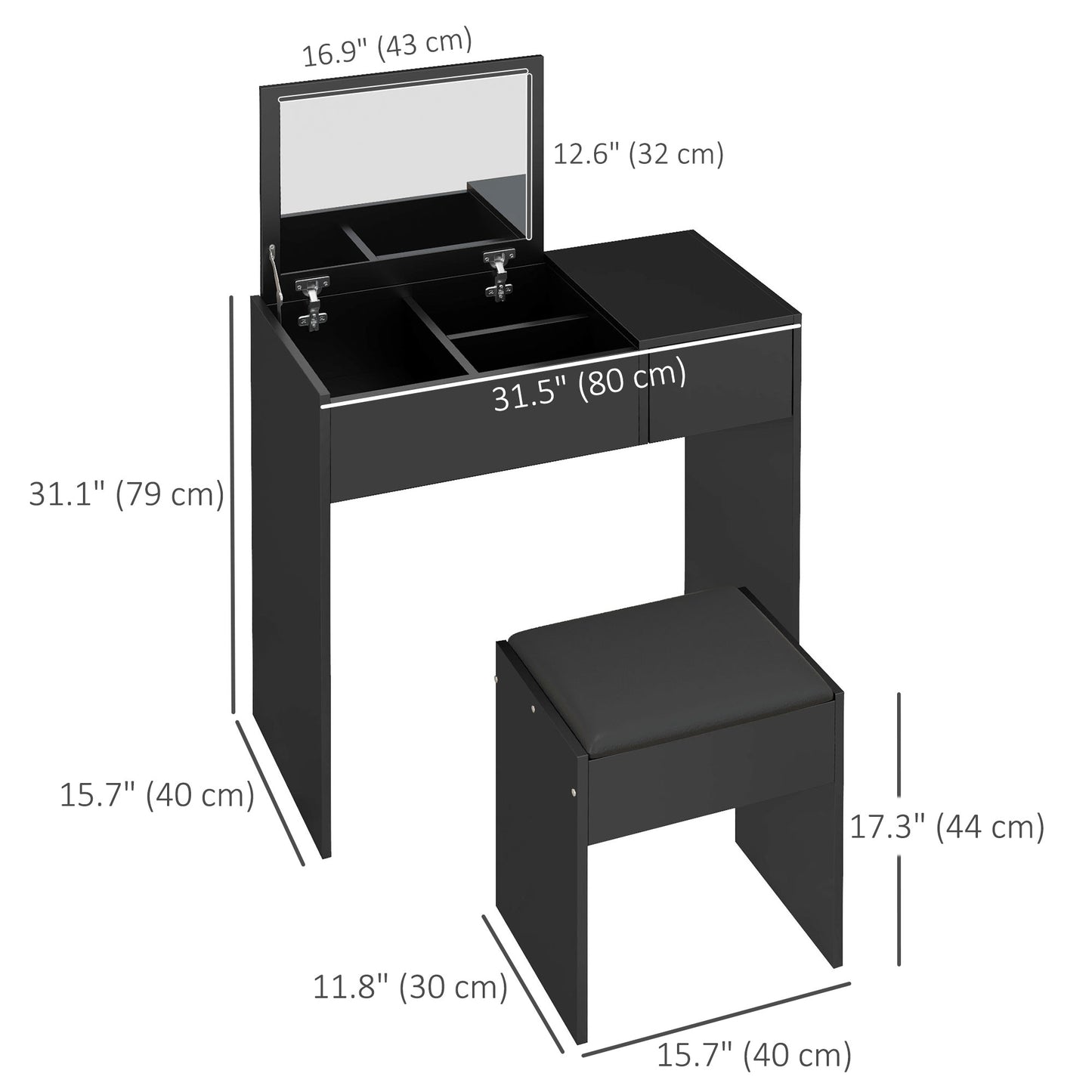 HOMCOM Modern Vanity Set with Flip Top Mirror and Cushioned Stool, Dressing Table with Storage Drawer for Bedroom, White