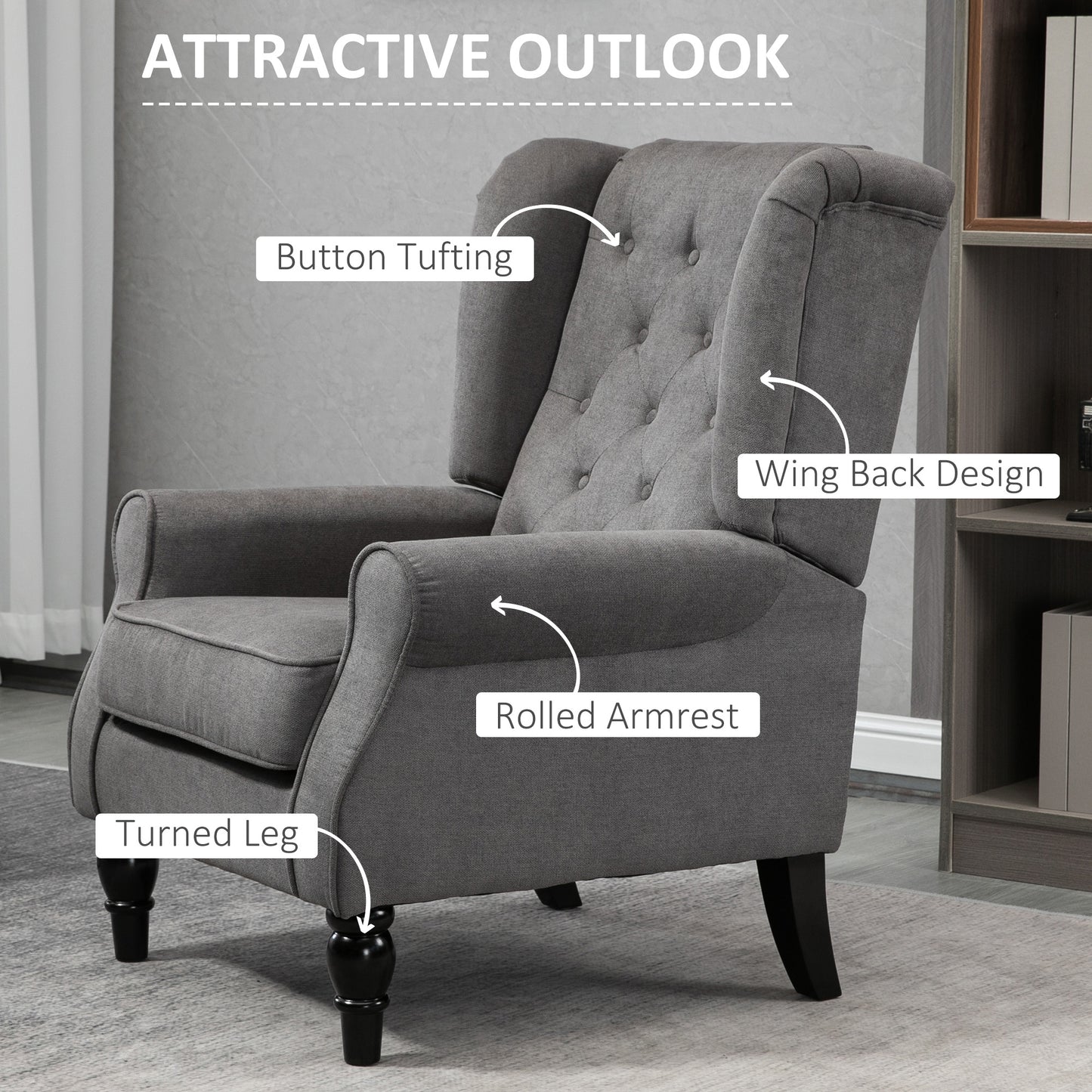 HOMCOM Fabric Accent Chair, Button Tufted Armchair, Upholstered Modern Living Room Chair, Wingback Chair with Wood Legs, Rolled Arms, Thick Padding for Bedroom, White