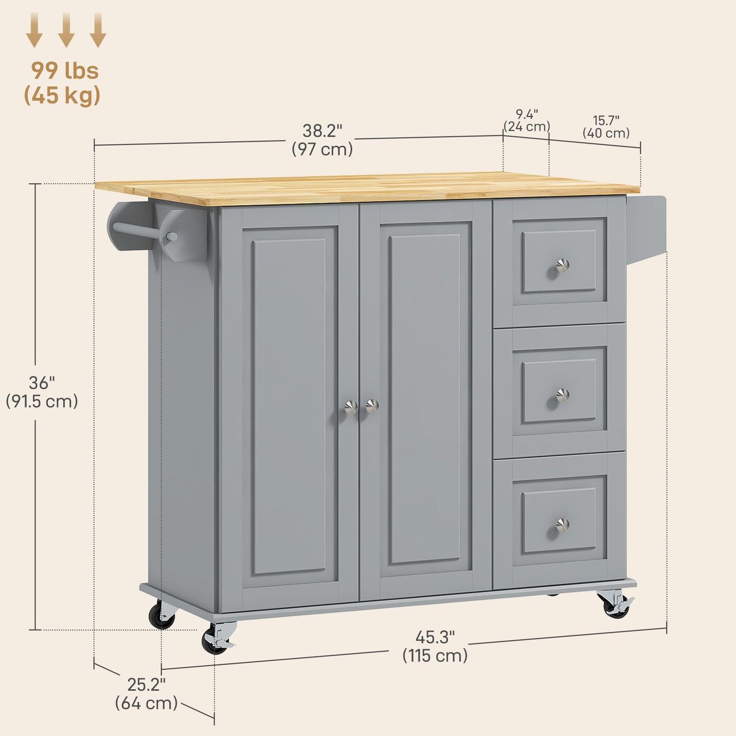 HOMCOM Kitchen Island with Drop Leaf, Rolling Kitchen Cart on Wheels with 3 Drawers, Cabinet, Natural Wood Top, Spice Rack and Towel Rack, White