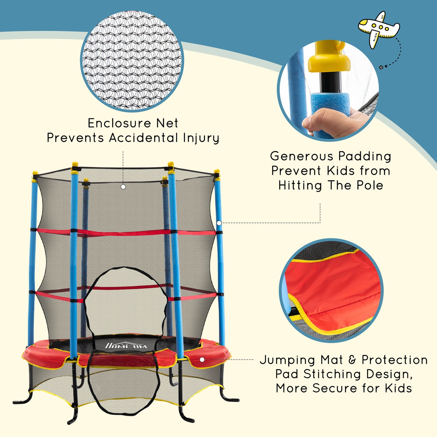 Qaba Kids Trampoline with Safety Enclosure Net and Safety Pad, Indoor Outdoor for Age 3-10 Years Old, Multi-coloured