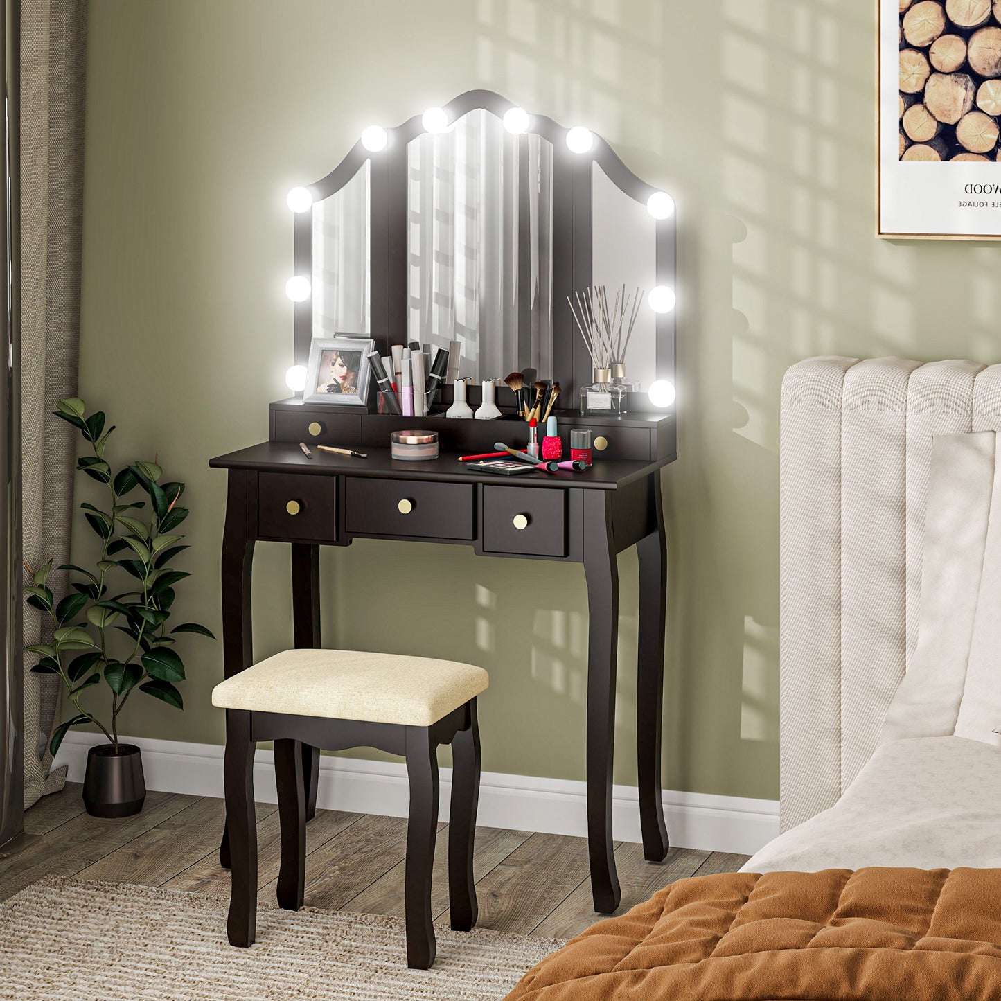 HOMCOM Makeup Vanity Desk with Mirror and Stool, Vanity Set with 10 LED Lights, 5 Drawers and 3 Compartments, Black
