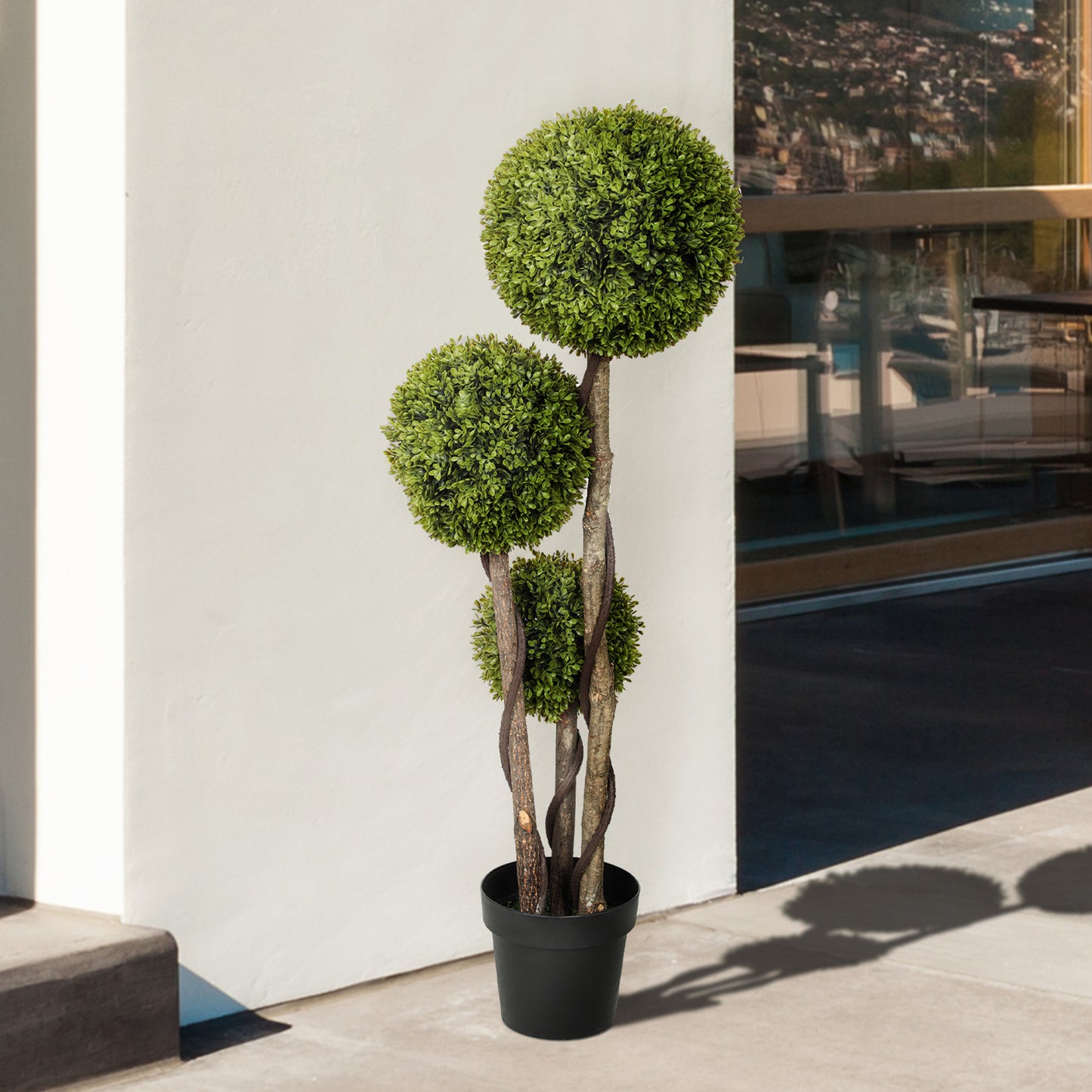 HOMCOM 3FT Potted Fake Plant, Artificial Boxwood Topiary Tree, Triple Ball Tree for Indoor and Outdoor, Green