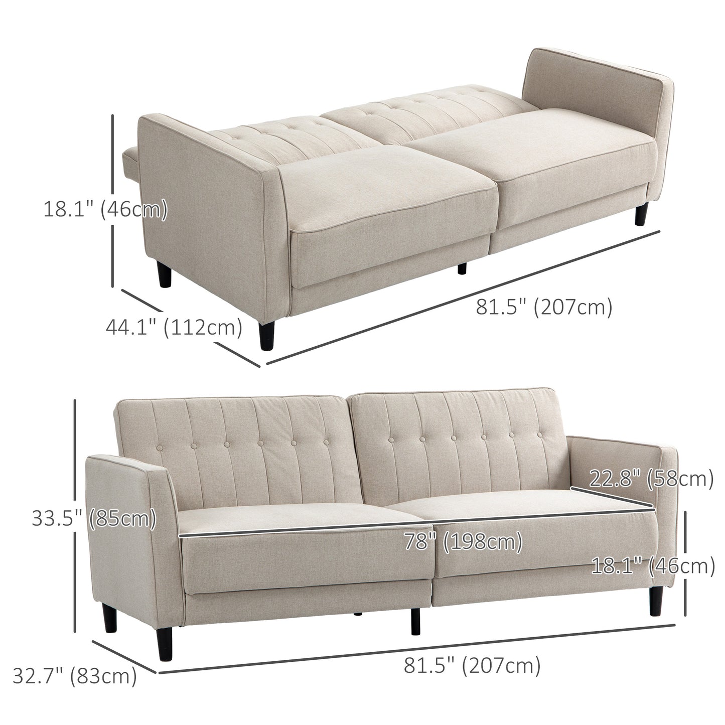 HOMCOM Convertible Bed with Couch, Button Tufted Fabric Sofa Bed with Adjustable Back for Living Room, Charcoal Grey