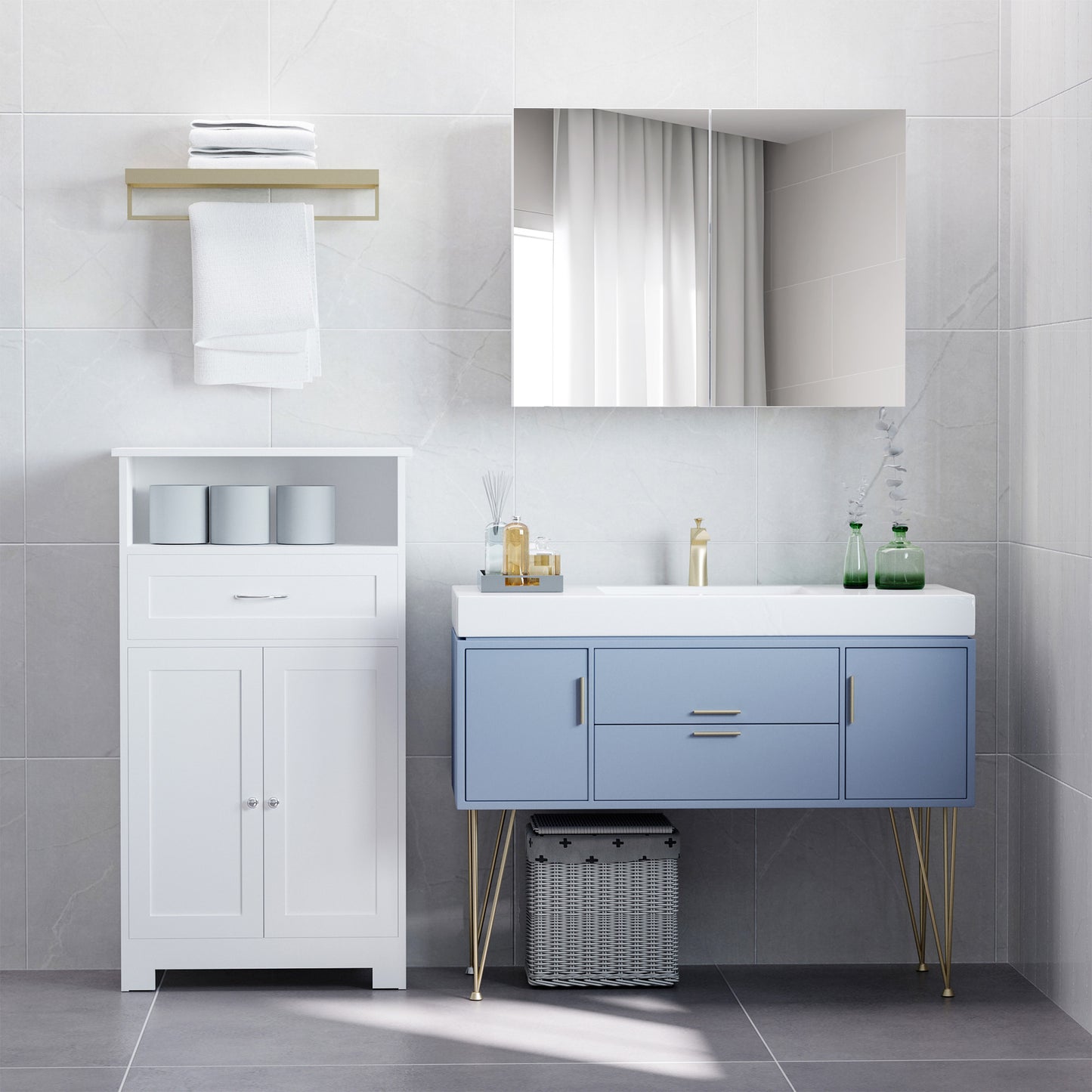 HOMCOM Bathroom Mirror Cabinet, Wall-Mounted Storage Organizer with Double Doors, Adjustable Shelf, Light Lilac