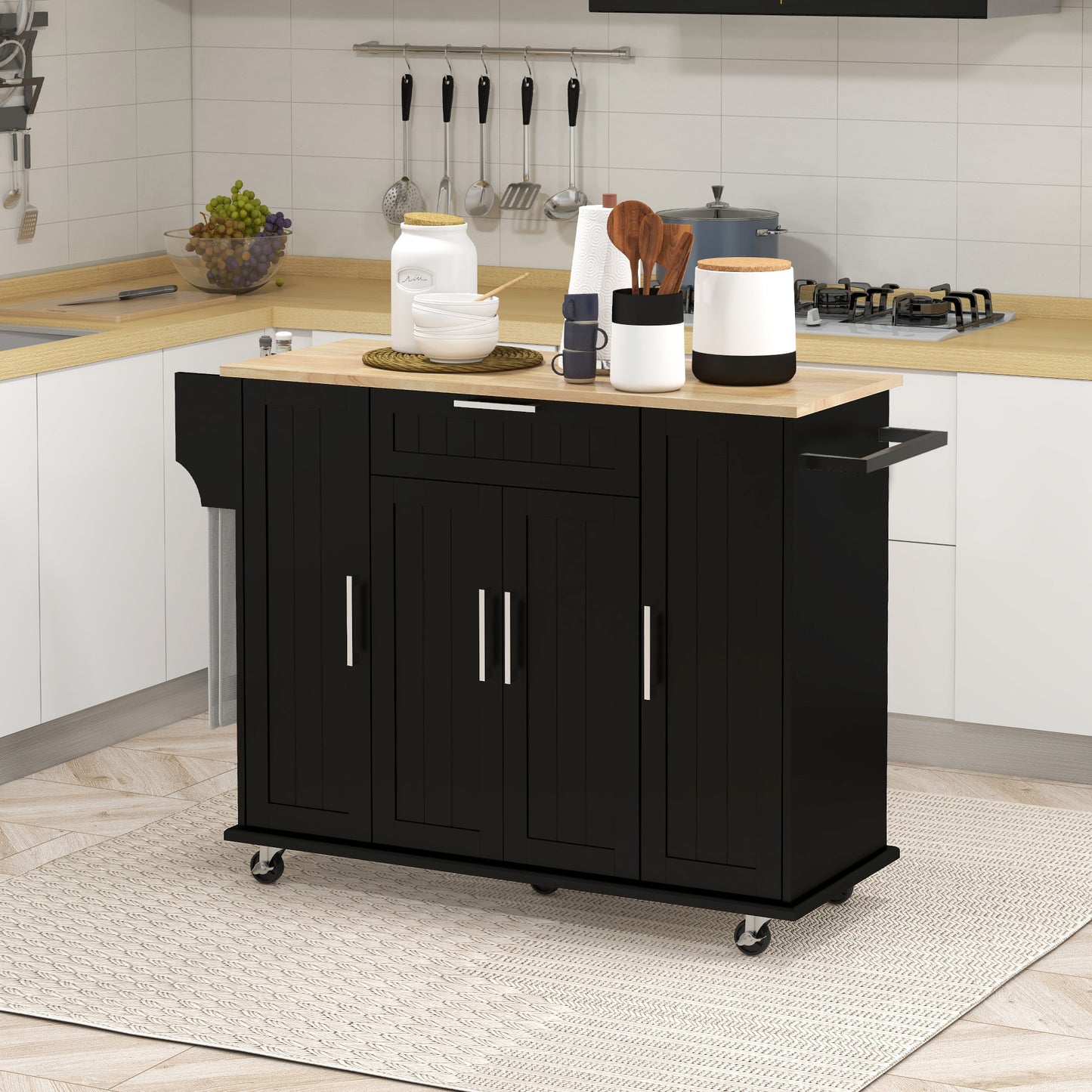HOMCOM Modern Rolling Kitchen Island Cart with Drawers, Natural Wood Top, Towel Rack, Door Storage Cabinet, White