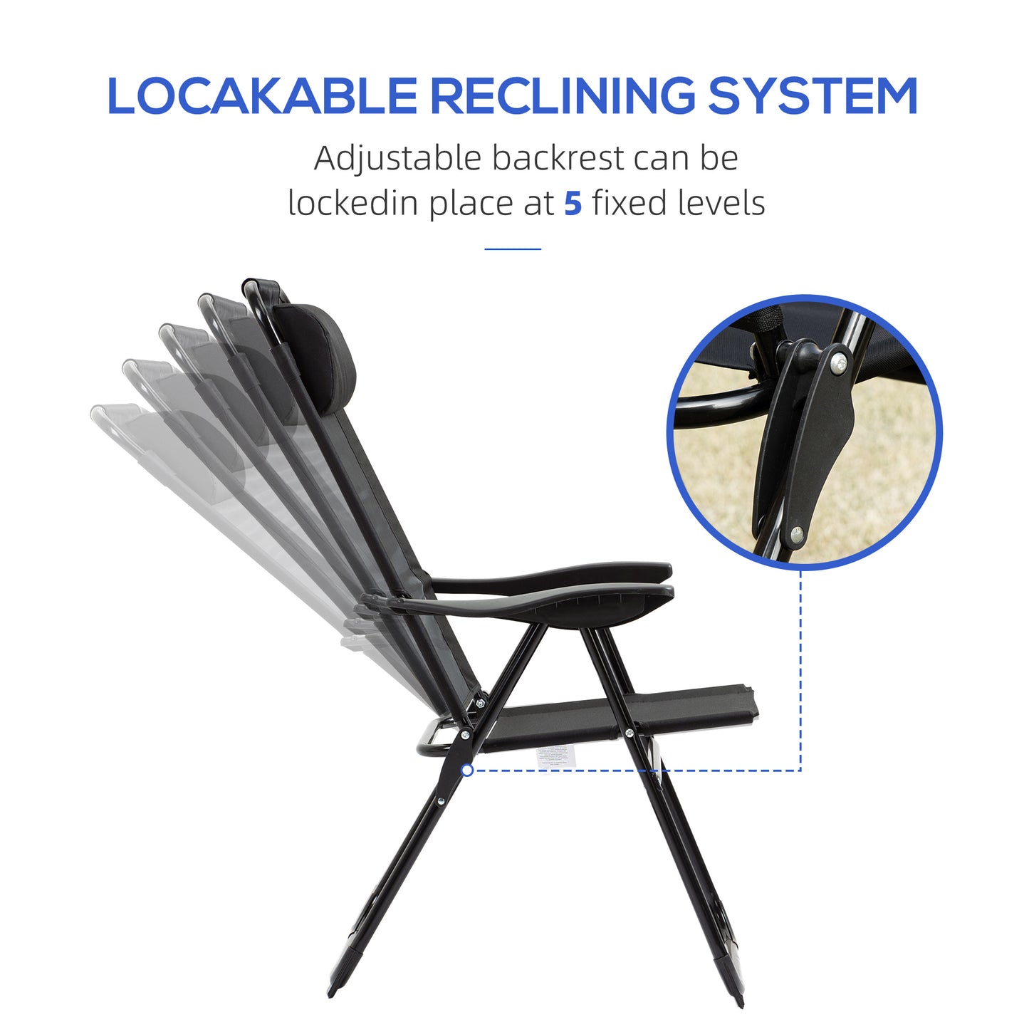 Outsunny Set of 4 Camping Chairs, Outdoor Folding Lounge Chair Set with 5 Level Adjustable Backrest, Removable Headrest, Armrest for Camping, Backyard, Black