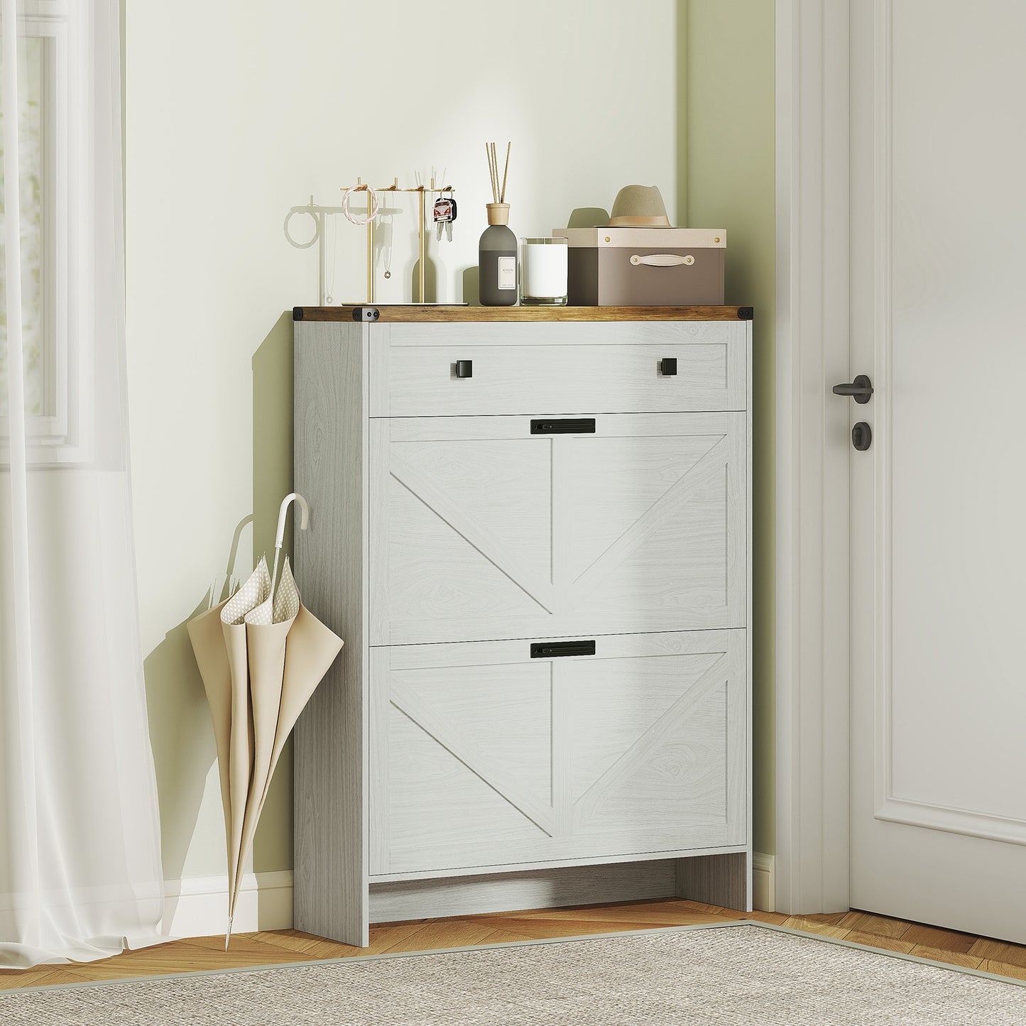 HOMCOM Narrow Shoe Storage Cabinet, Farmhouse Shoe Cabinet with 2 Flip Drawers, 1 Drawer, 12 Pairs for Entryway, White