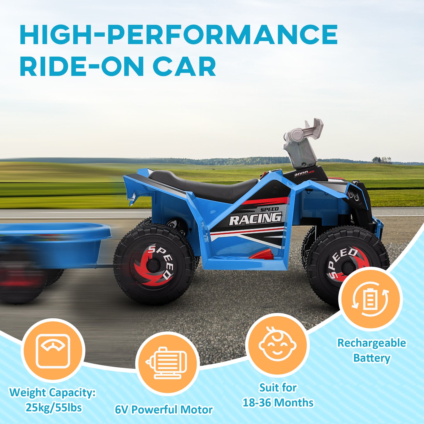 Aosom 6V Kids ATV Quad, Battery Powered Electric Vehicle for Kids with Back Trailer, Wear-resistant Wheels, for Boys and Girls - Blue