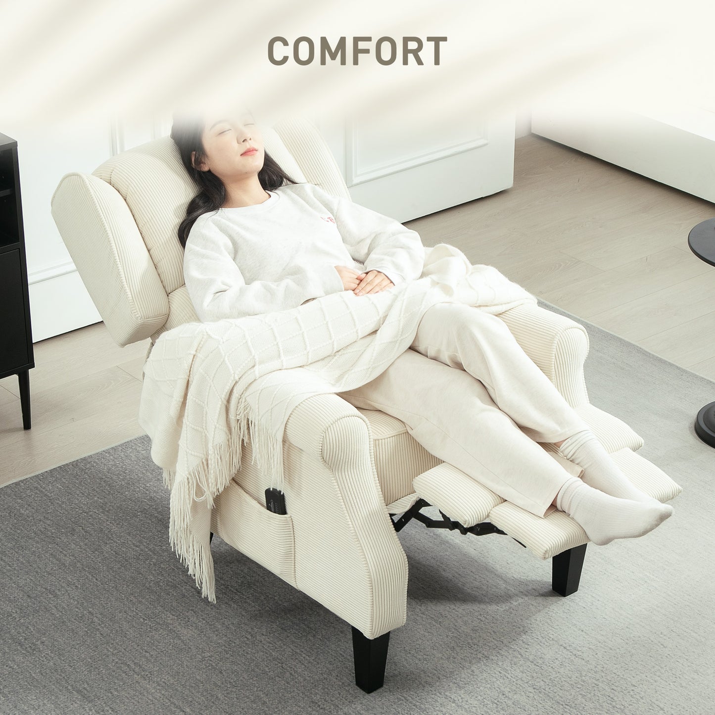 HOMCOM Push Back Recliner Chair, Vibration Massage Recliner for Living Room with Extendable Footrest, Remote, Pocket, Cream