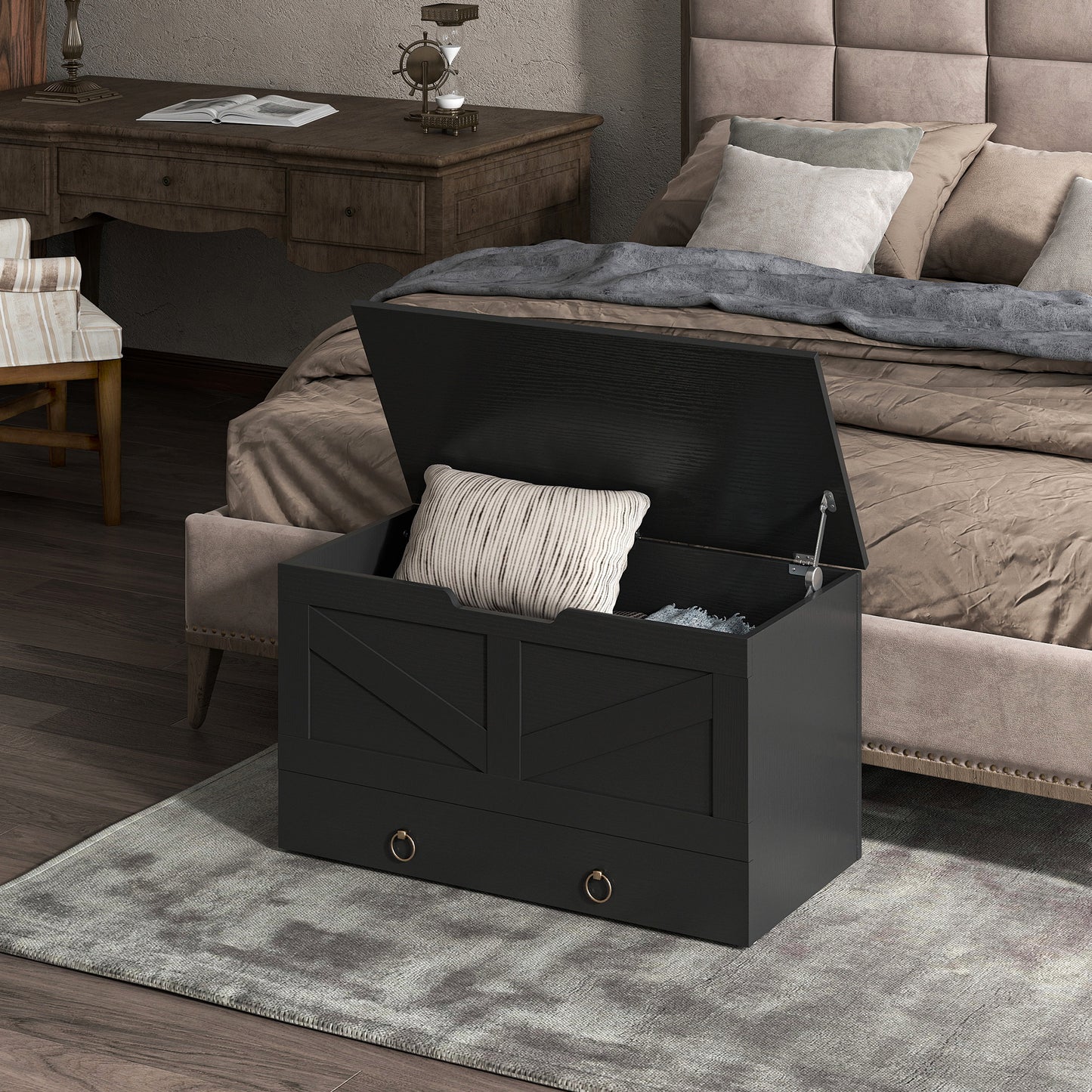 HOMCOM 31.5 Inches Storage Chest, Storage Trunk with 2 Safety Hinges, Wooden Box for Living Room, Black Wood Grain