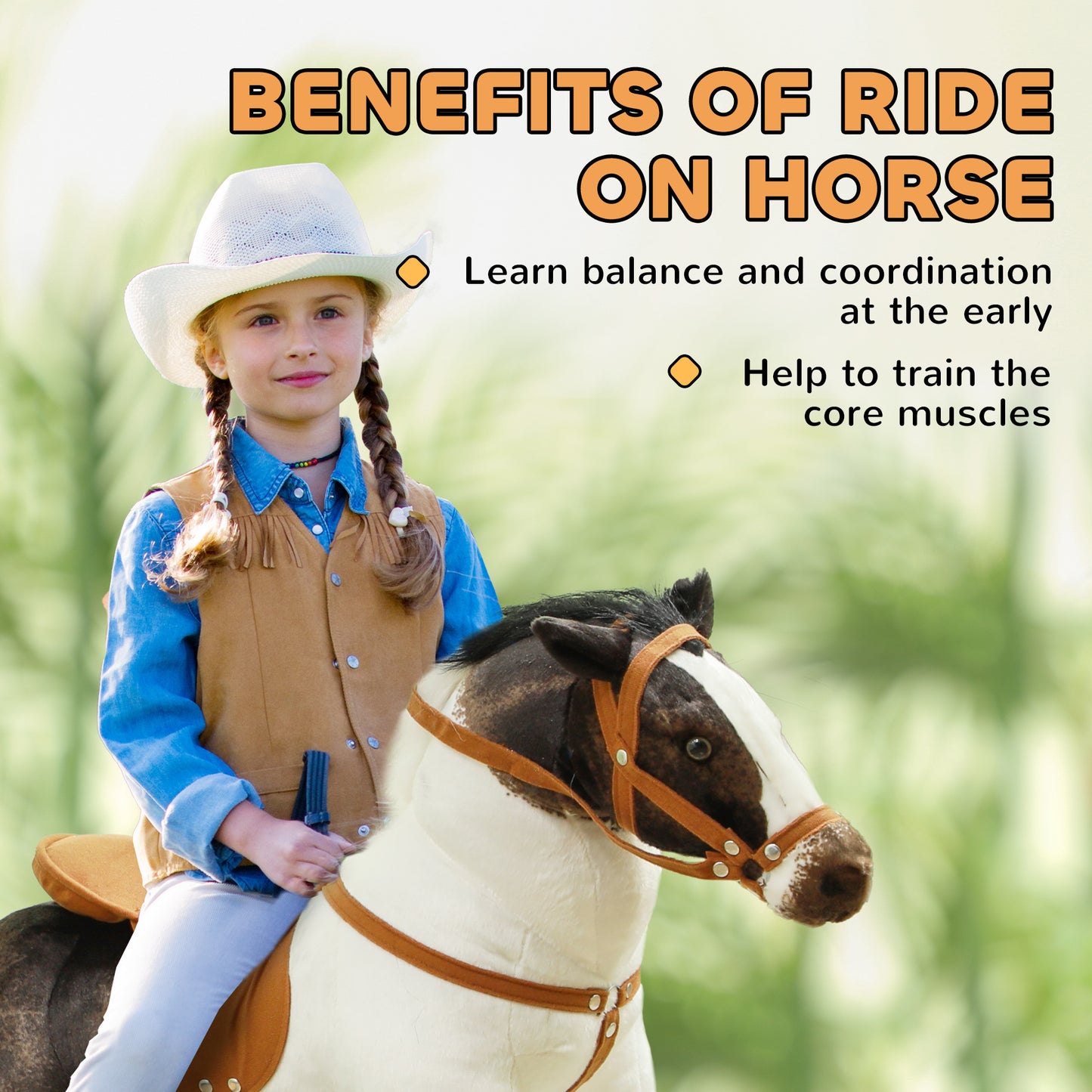 Qaba Standing Ride on Horse, Plush Pony Toy for Kids with Neighing Sound, Soft Padding, for Aged 3-8, Brown