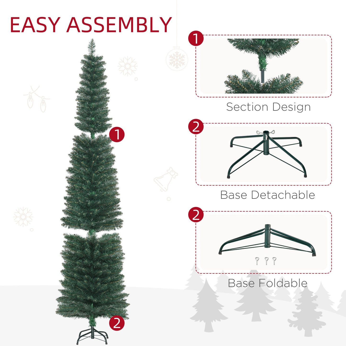 HOMCOM 6FT Artificial Christmas Tree Xmas Pencil Tree Holiday Home Indoor Decoration with Foldable Black Stand for Party, Green