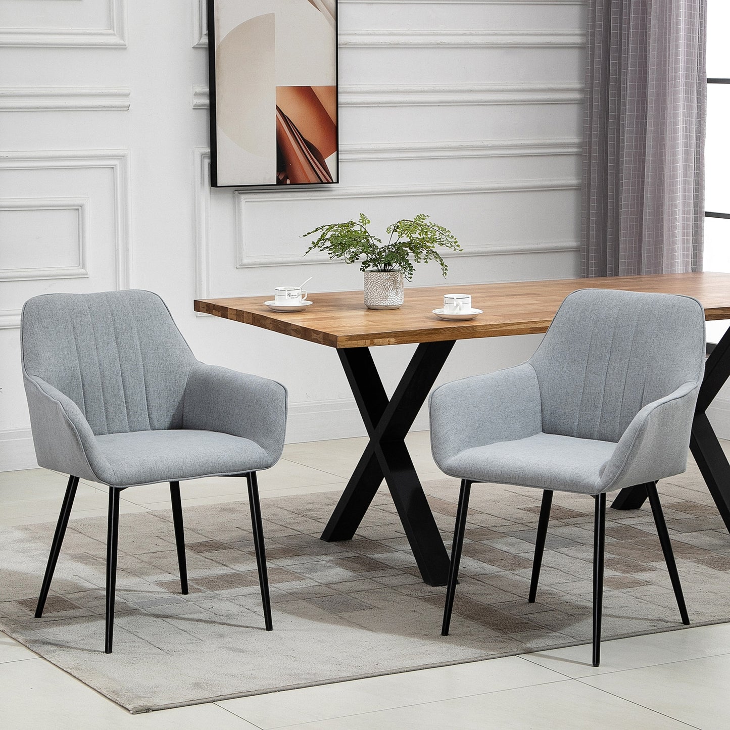 HOMCOM Dining Chairs Set of 2, Linen Upholstery Accent Chair with Back, Armrest, Metal Legs, Dark Grey