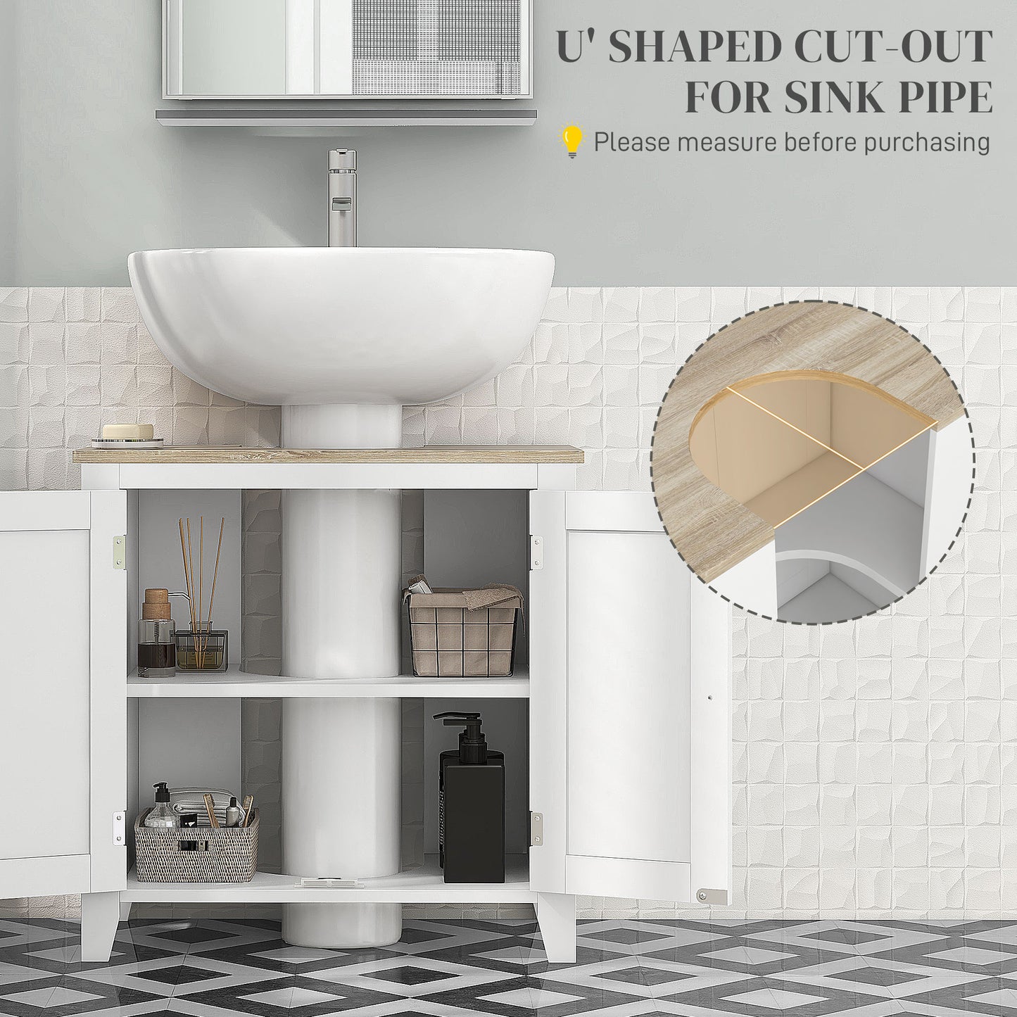 kleankin Bathroom Sink Vanity Unit, Under Sink Bathroom Cabinet with U-Shape Design and Adjustable Shelf, White