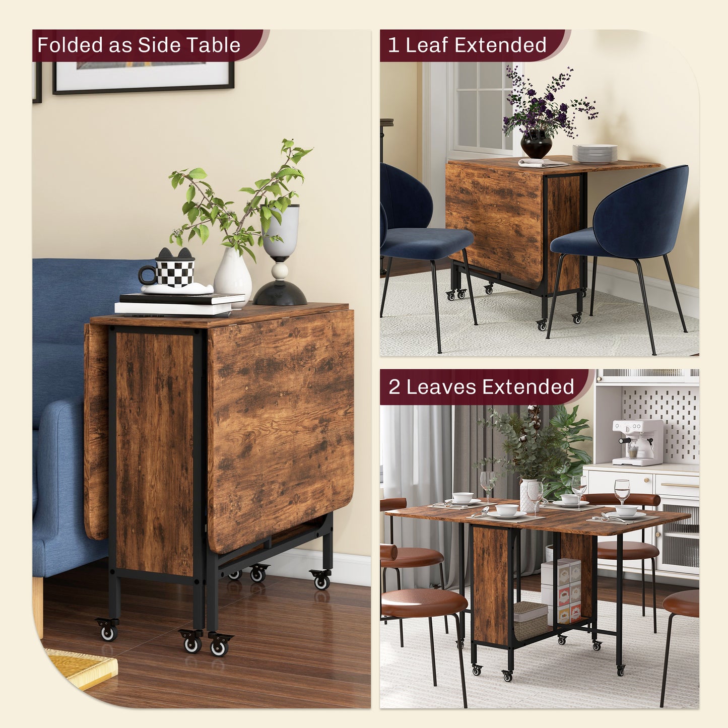 HOMCOM Folding Dining Table, Extendable Kitchen Table for Small Spaces with Storage Shelf and 6 Wheels, Rustic Brown