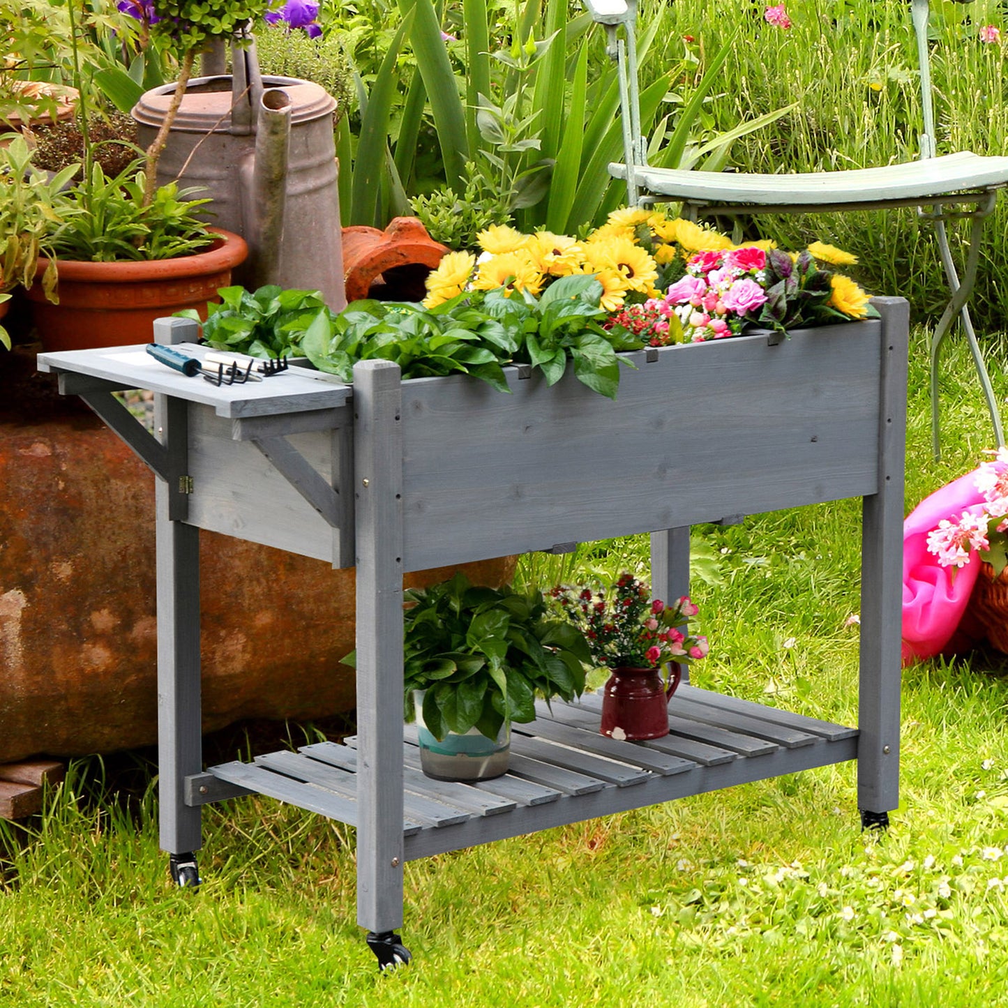 Outsunny Raised Garden Bed with 8 Grids and Storage Shelf, Elevated Planter Box with Legs, for Vegetables Flowers Herbs, Grey
