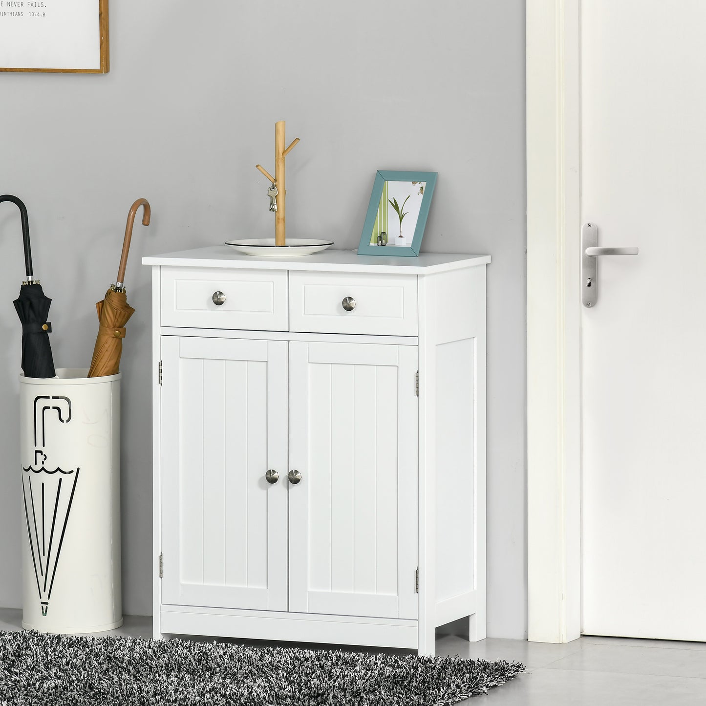 kleankin Freestanding Bathroom Floor Cabinet, Organizer Floor Tower with 2 Door, 2 Drawers, Adjustable Shelf, Grey