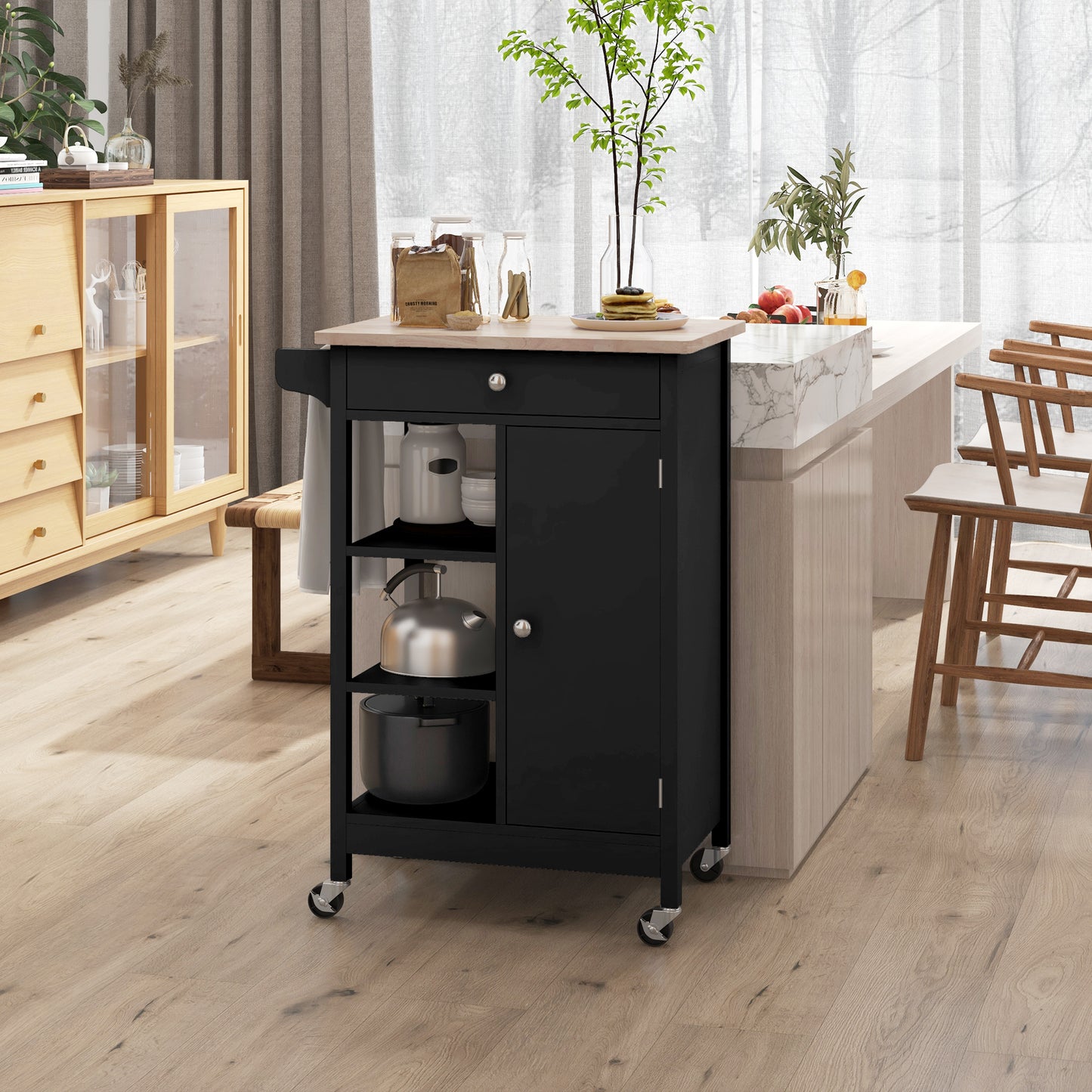 HOMCOM Modern Rolling Kitchen Island Cart with Drawer, Natural Wood Top, Towel Rack, Door Storage Cabinet, White