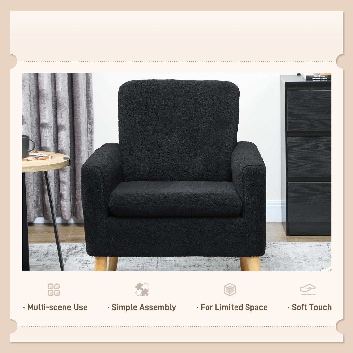 HOMCOM Fabric Accent Chair, Modern Upholstered Armchair with Wood Legs and Wide Padded Seat, Cream White
