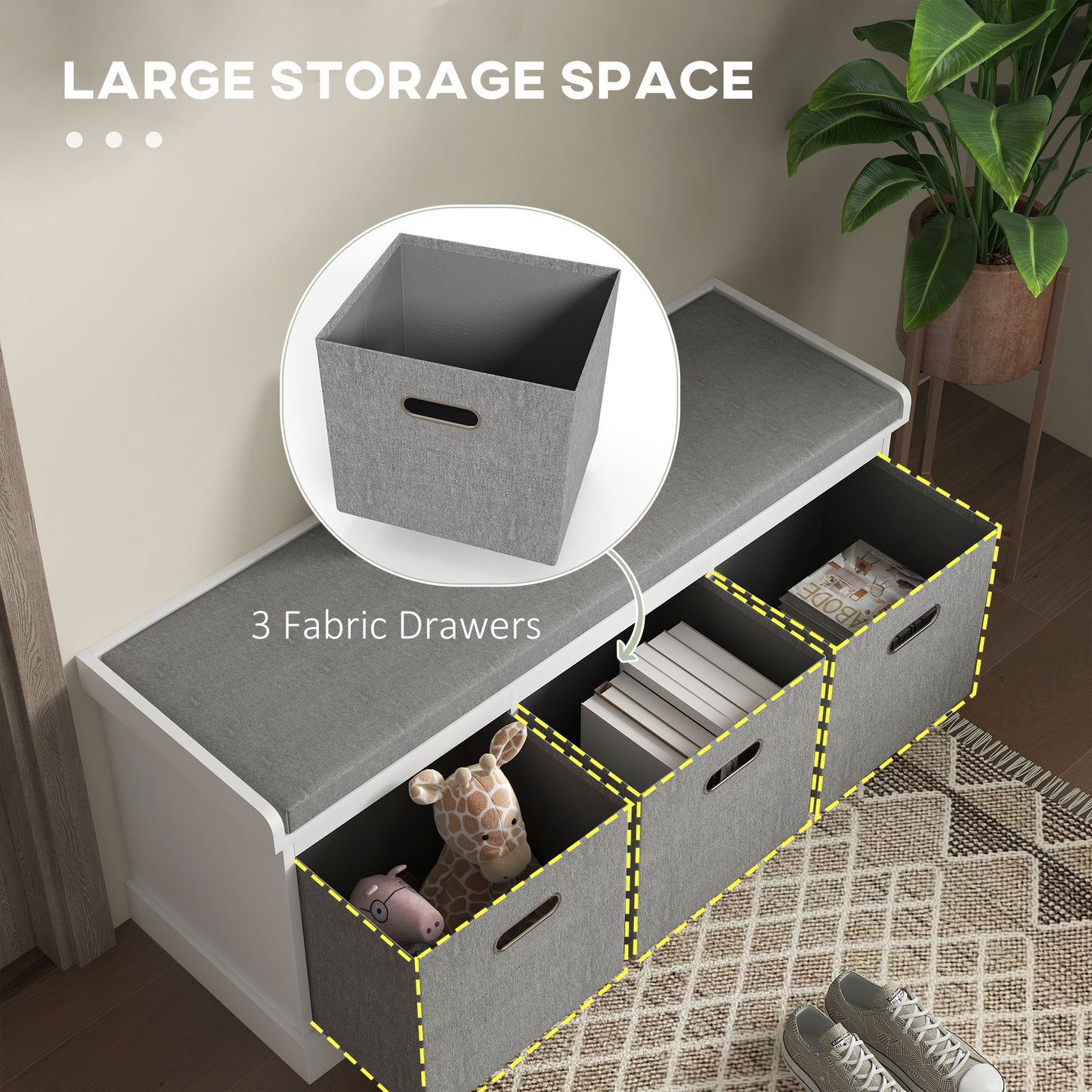 HOMCOM Shoe Storage Bench with Seat, Entryway Bench Seat with Cushion, 3 Fabric Drawers for Hallway, Grey