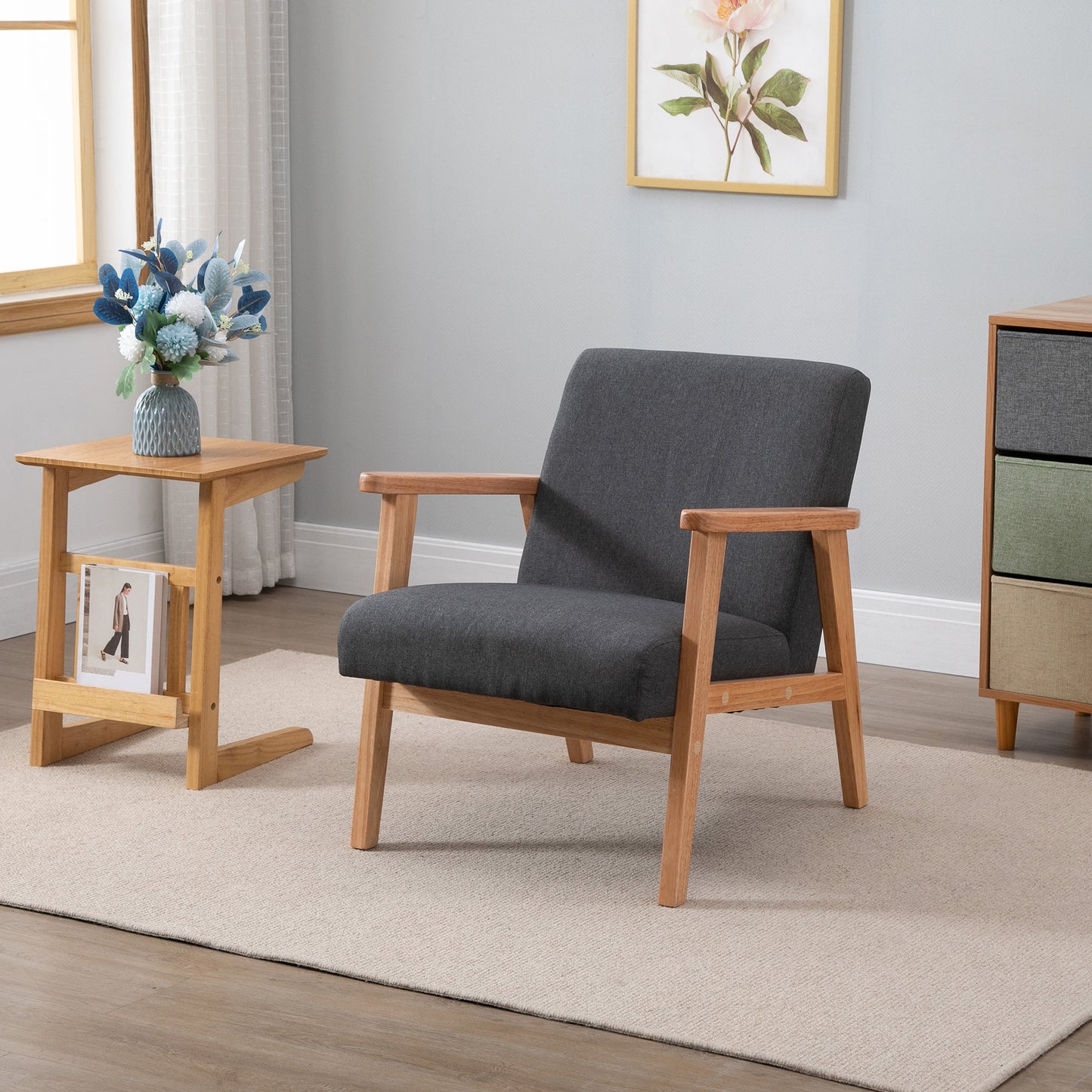 HOMCOM Mid-Century Modern Accent Chair Retro Fabric Armchair Wooden Arm Upholstered Lounge Chair for Living Room Floral