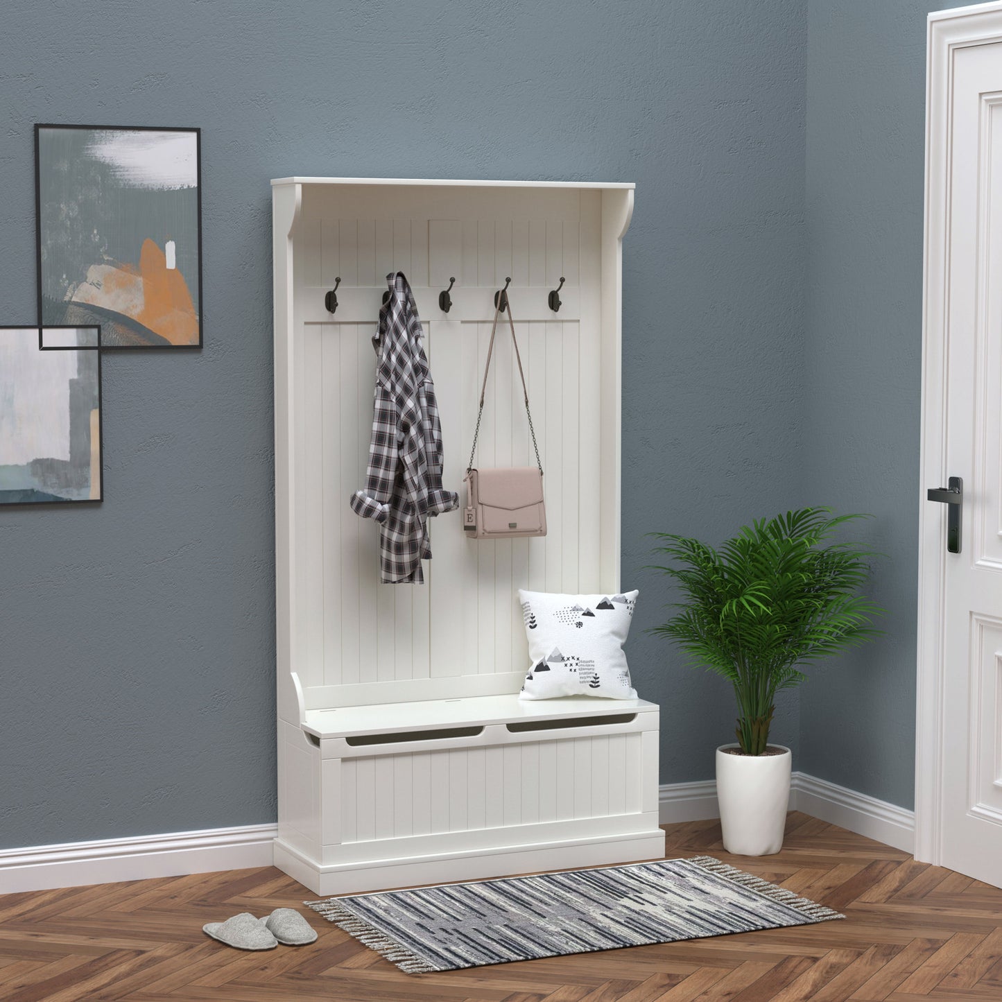 HOMCOM 3-In-1 Hall Tree w/ Coat Rack, Shoe Storage and Bench Seat, Entryway Bench w/ 4 Hooks for Hallway, Living Room, White