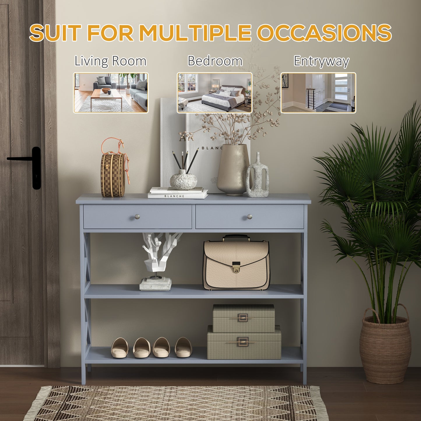HOMCOM 39" Console Table, Narrow Entryway Table with Storage Shelves, Drawers and X Frame for Behind Couch, Living Room, Hallway, Black