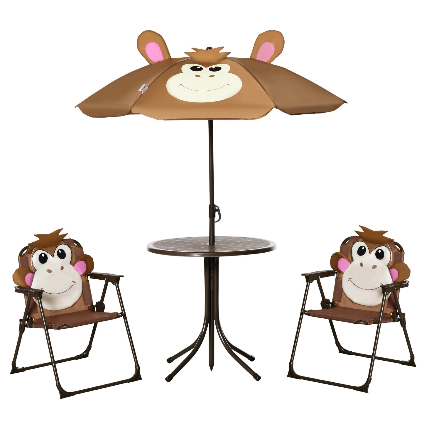 Outsunny Kids Folding Picnic Table and Chair Set Pattern Outdoor Garden Patio Backyard with Removable & Height Adjustable Sun Umbrella Brown