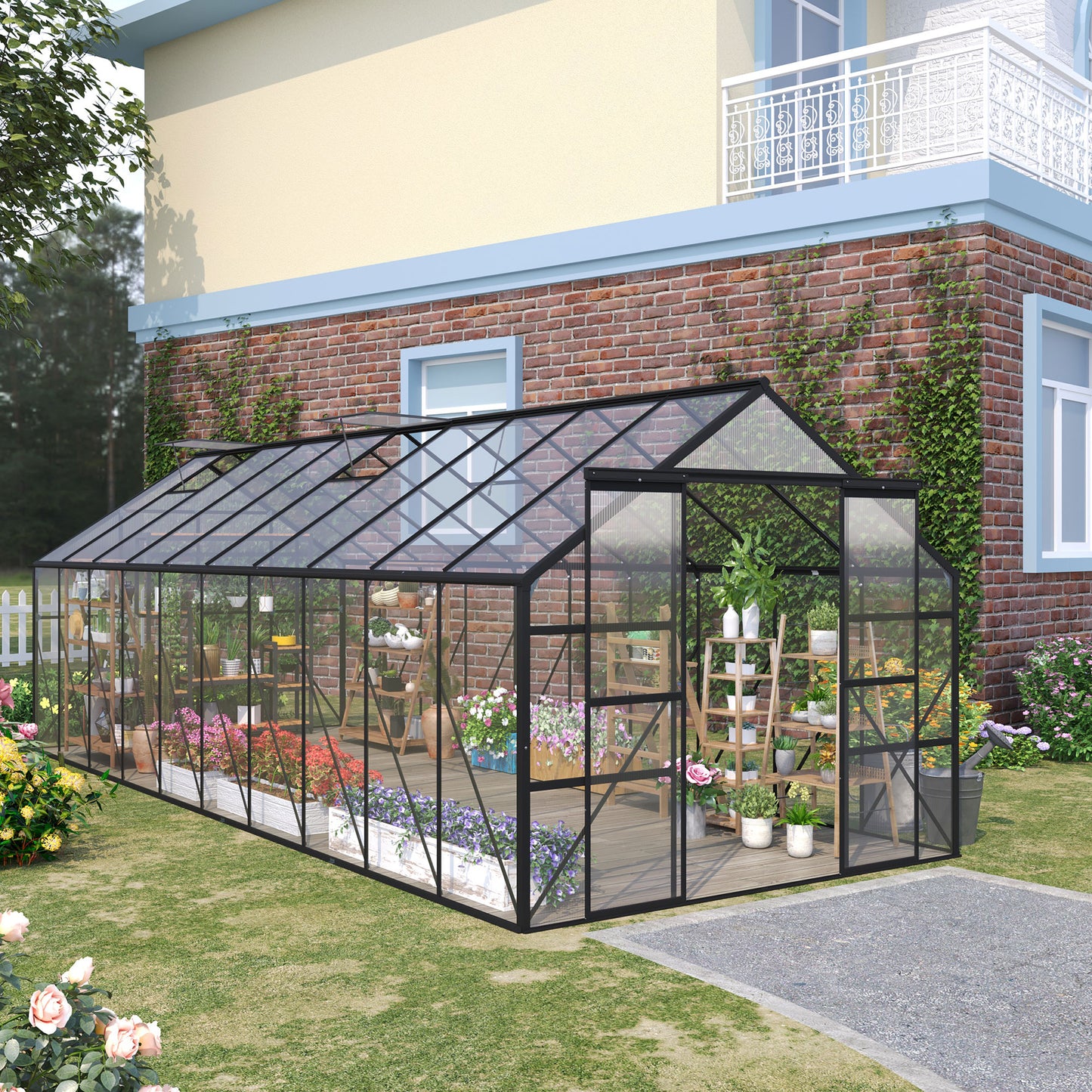 Outsunny 20' x 8' Aluminum Polycarbonate Greenhouse Walk-in Garden Greenhouse Kit with Adjustable Roof Vent, Rain Gutter and Sliding Door for Winter, Black