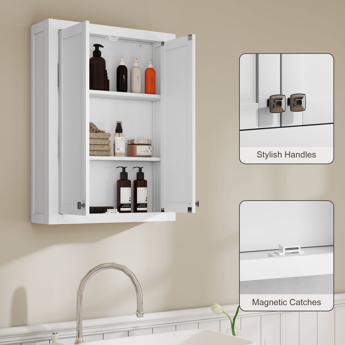 HOMCOM Bathroom Cabinet Wall Mounted, Modern Bathroom Wall Cabinet with 2 Doors and 2 Adjustable Shelves, White