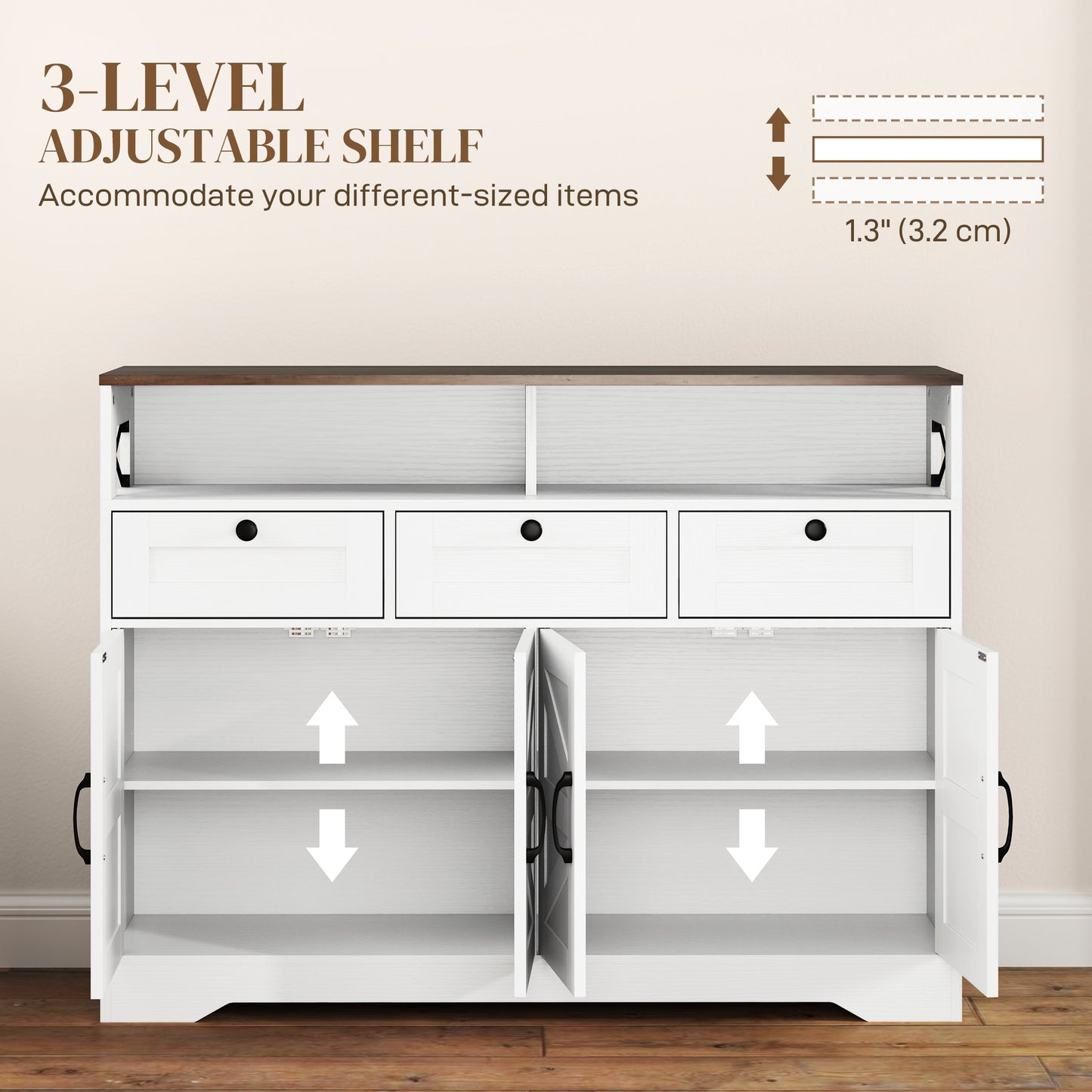 HOMCOM Sideboard, Buffet Cabinet with 4 Barn Doors and 3 Drawers, Coffee Bar Cabinet with Adjustable Shelves, Black