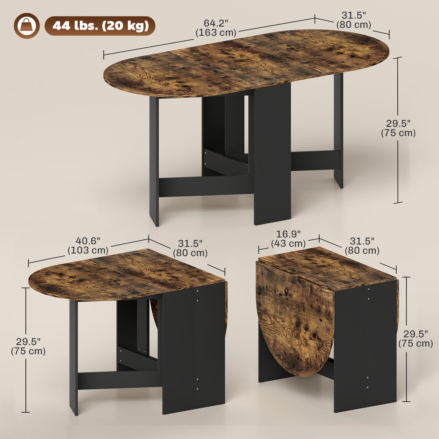 HOMCOM Oval Folding Dining Table, Space Saving Drop Leaf Kitchen Table for Dining Room, Living Room, Distressed Brown