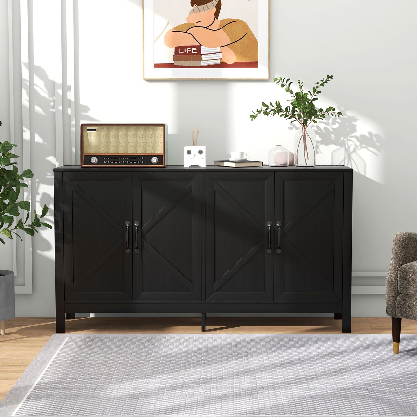 HOMCOM Sideboard Buffet, Storage Cabinet with Barn Door and Adjustable Shelf, TV Stand for TVs up to 65 Inches, Black Oak