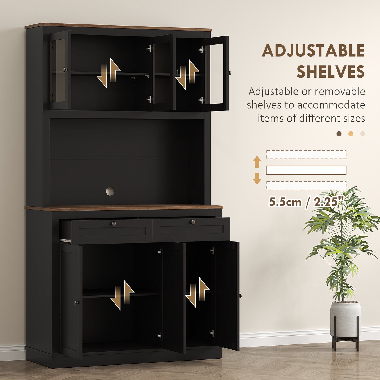 HOMCOM 71" Pantry Cabinet with Microwave Space, Buffet with Hutch, 2 Drawers, Adjustable Shelves and Glass Doors, Black