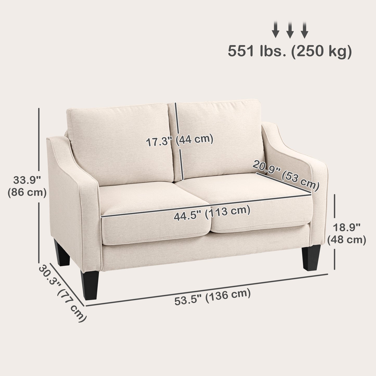 HOMCOM Loveseat Sofa, Modern Couch with Pocket Spring, Linen Upholstered, Thick Padded, Charcoal Grey